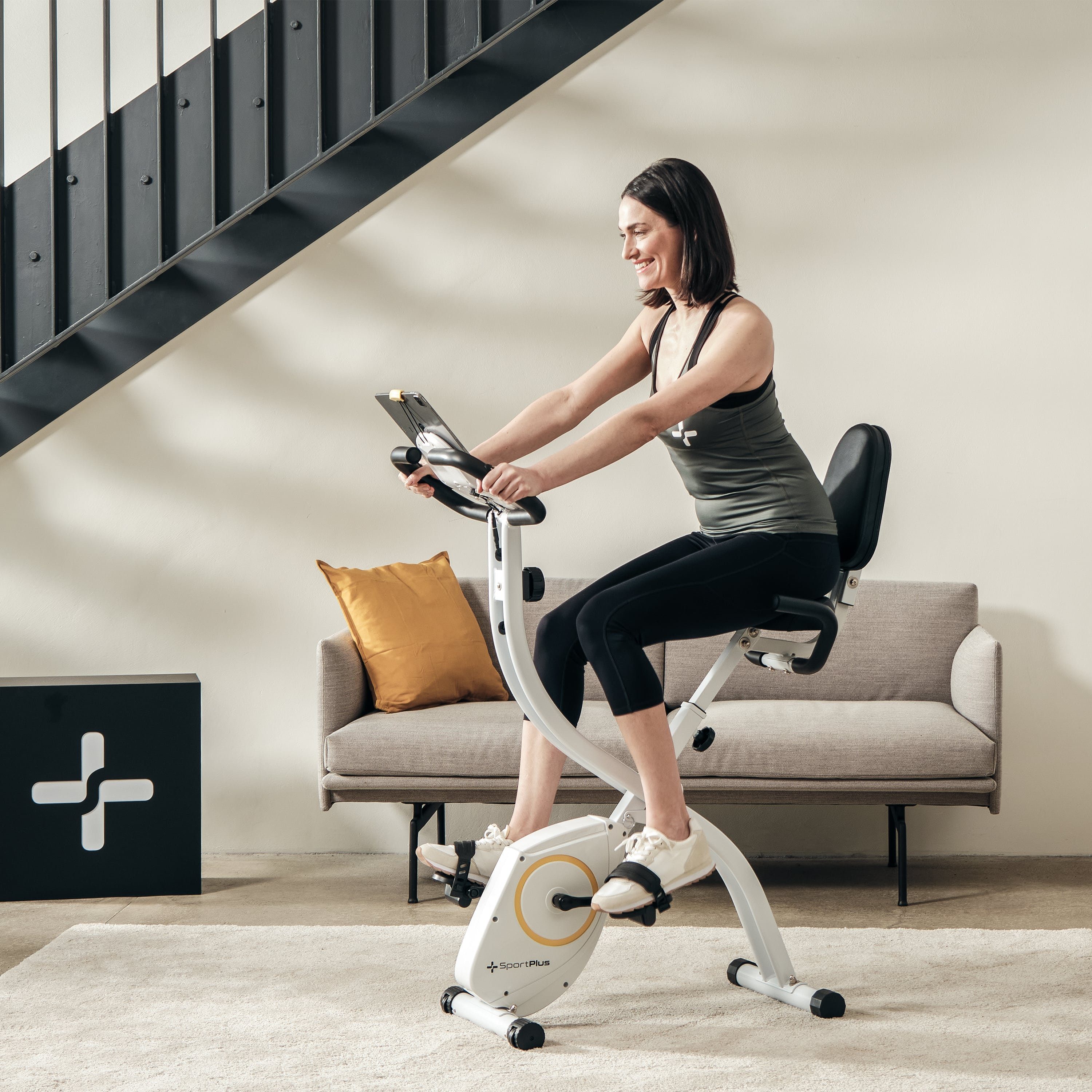 SportPlus Heimtrainer SP-HT-1300-W-iE, Heimtrainer, X-Bike, klappbar für Zuhause, Rückenlehne, 8 Stufen
