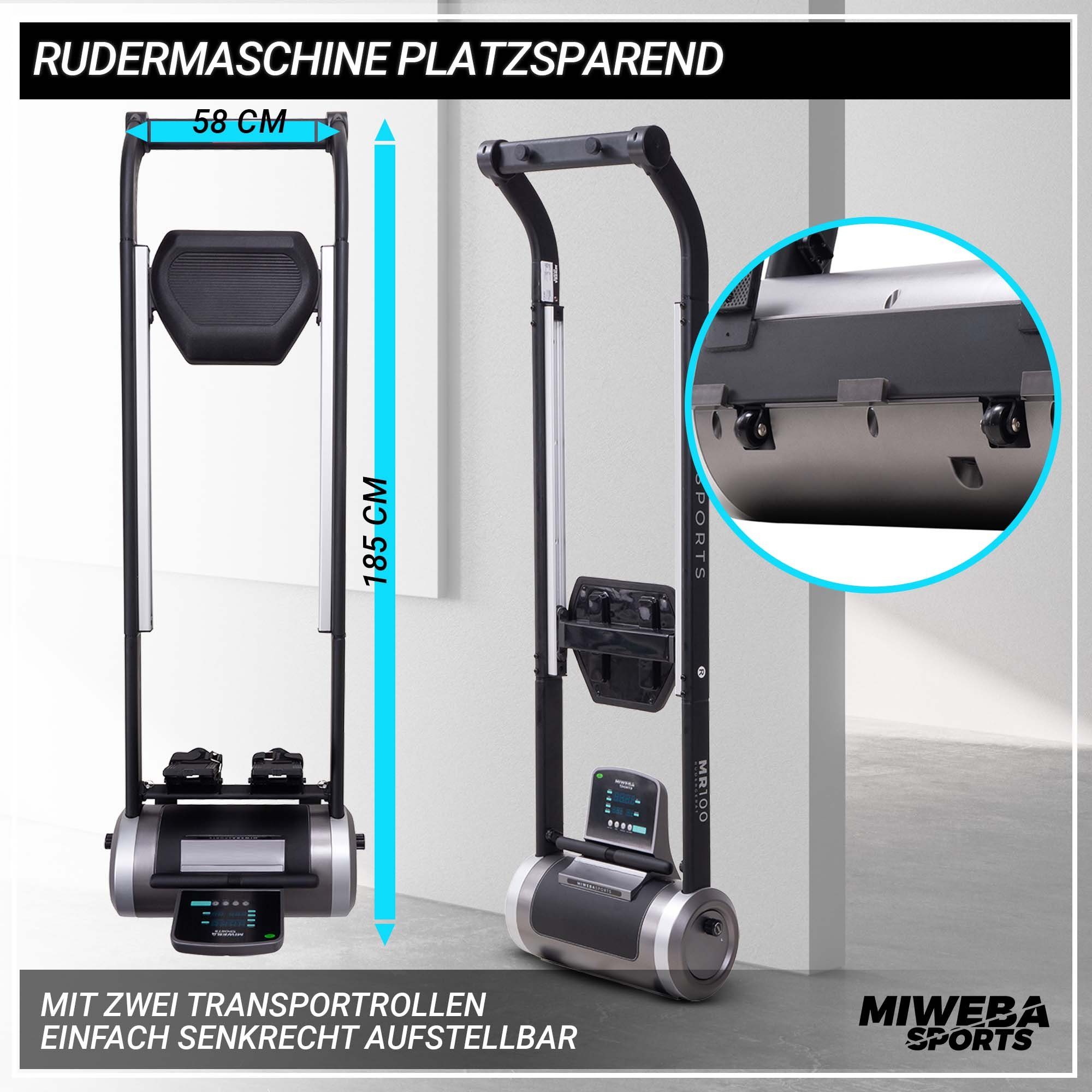 Miweba Sports Rudergerät Designer Rudermaschine MR100 - 10 kg Schwungmasse - auch Holz Optik (LCD Display, ergonomischer Sitz, Anti-Rutsch-Griff, Transportrollen, klappbar & kompakt, Rudergeräte für Zuhause, Krafttraining, Ganzkörpertraining, Rowing
