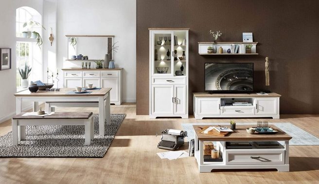 Innostyle Wohnwand Wohnwand JASMIN UH83 Pinie weiß Nachbildung 3-teilig im Landhausstil, (Komplett-Set, 3-St., Vitrine, TV-Lowboard, Wandboard)