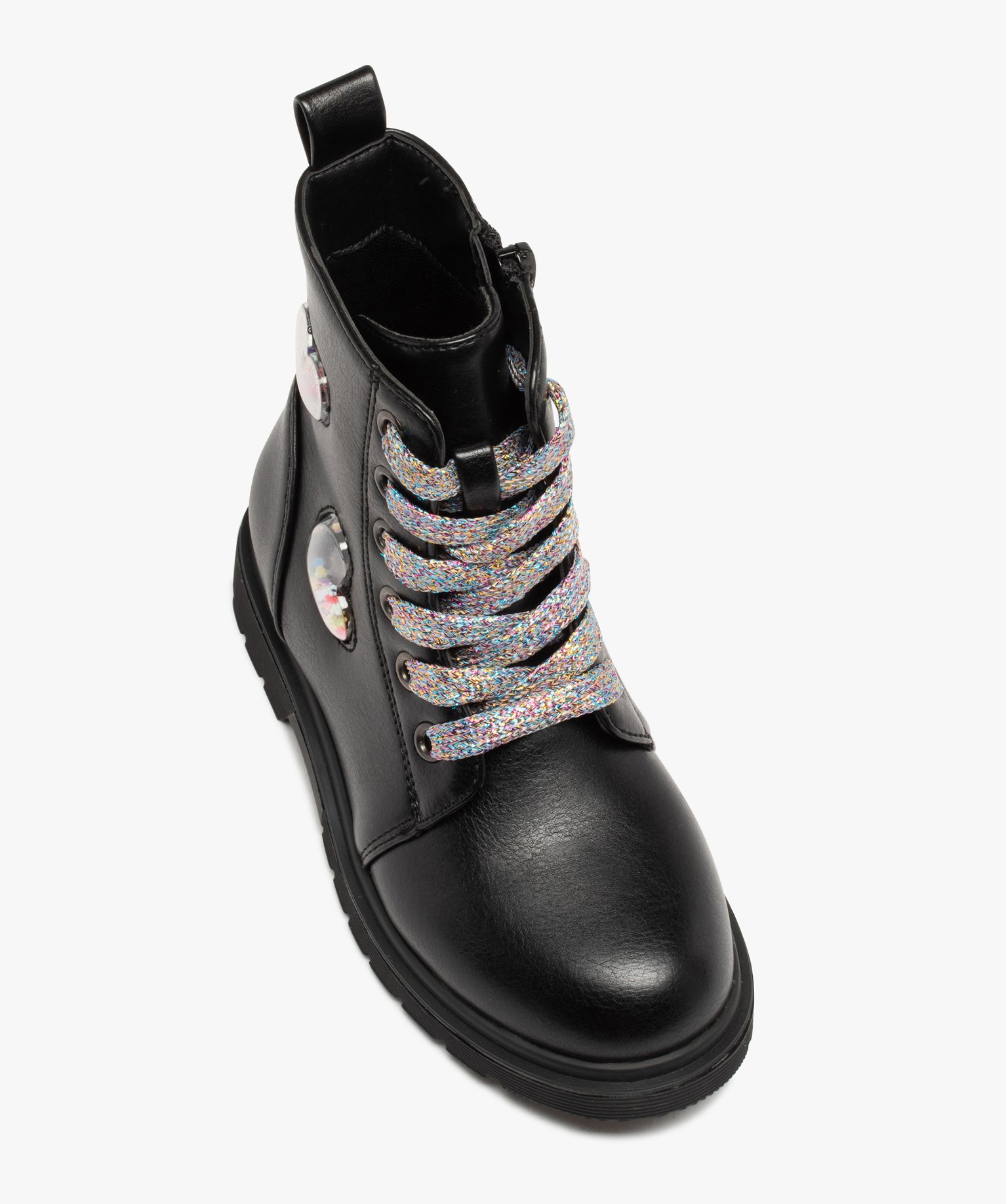 Boots fille unies à lacets multicolores avec coeurs en relief noir | GEMO