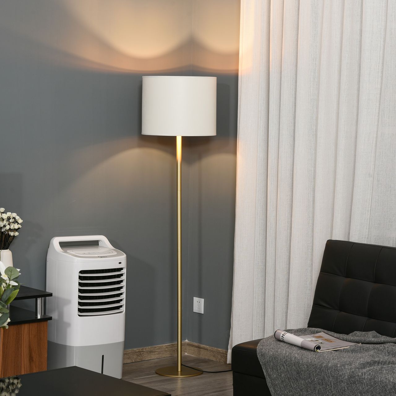 HOMCOM Stehlampe Stehleuchte für Wohnzimmer Schlafzimmer Büro, Weiß Metall, Poly Baumwolle, Ø40 x 160H cm