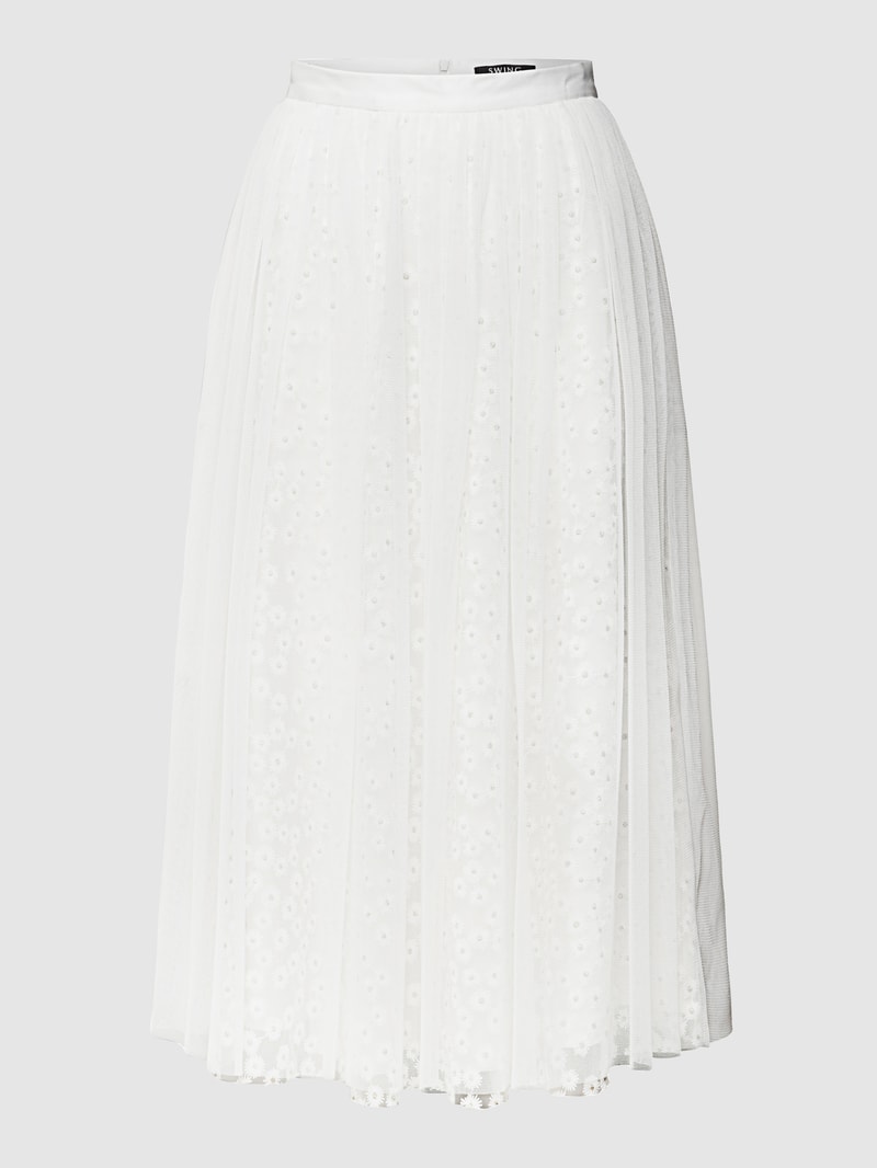 Midirock mit floralem Besatz in offwhite