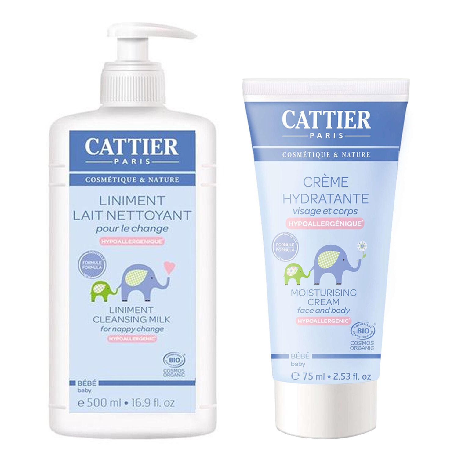 Cattier Liniment Lait Nettoyant + Crème Hydratante Bébé Pour le Change 500 ml + 75 ml