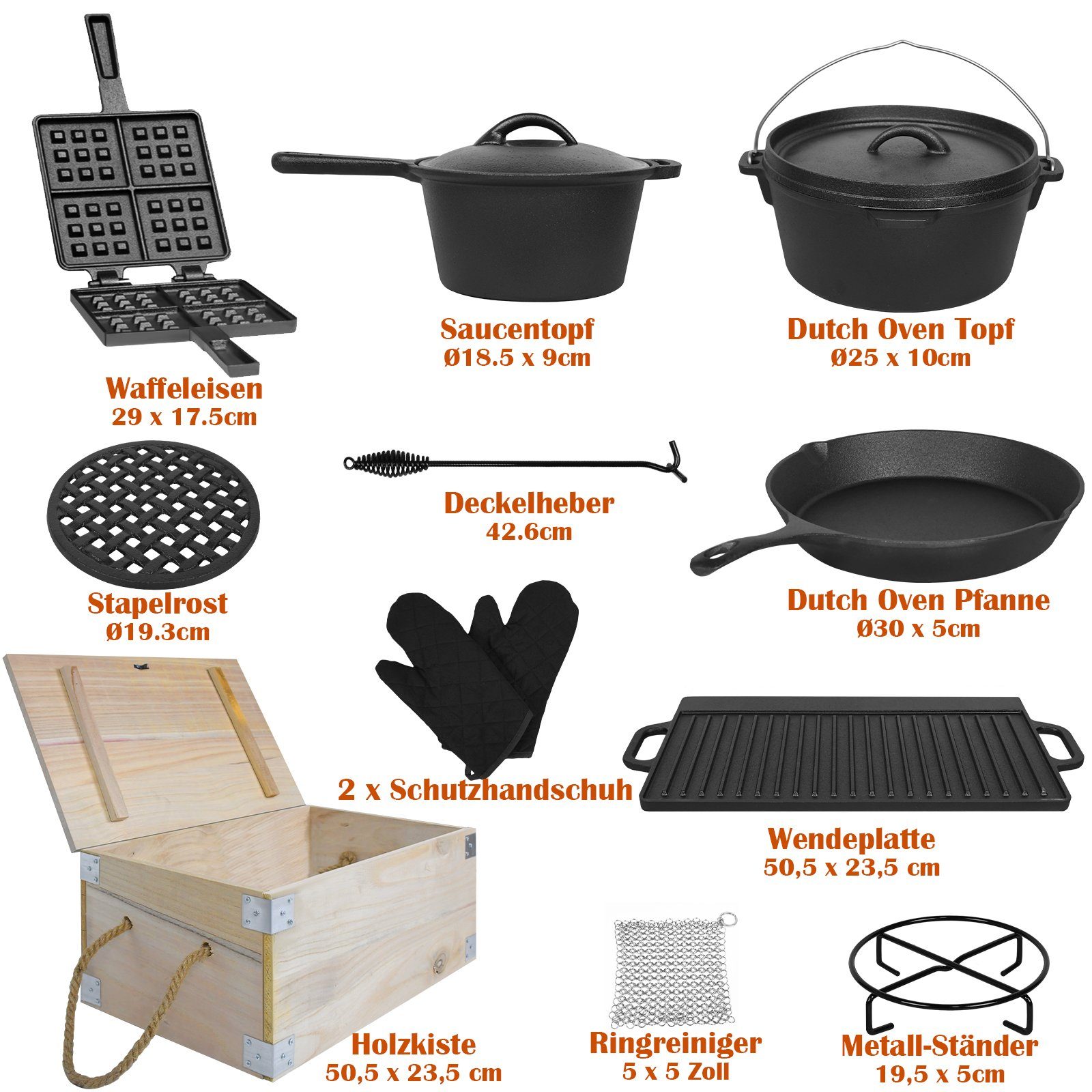 UISEBRT Feuertopf 12-teilig Dutch Oven Set in Holzkiste, mit viel Zubehör