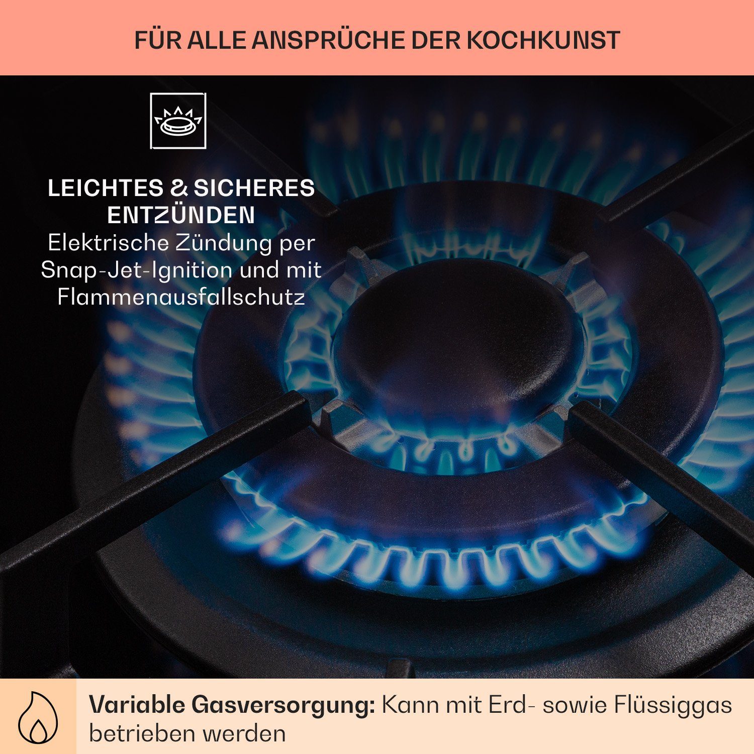 Klarstein Gas-Kochfeld Alchemist 3 Gaskochfeld 3-flammig Aluminium-Brenner Glaskeramik CP11-Alchemist-3, 3 flammen brenner Kochfelder Gaskochfelder