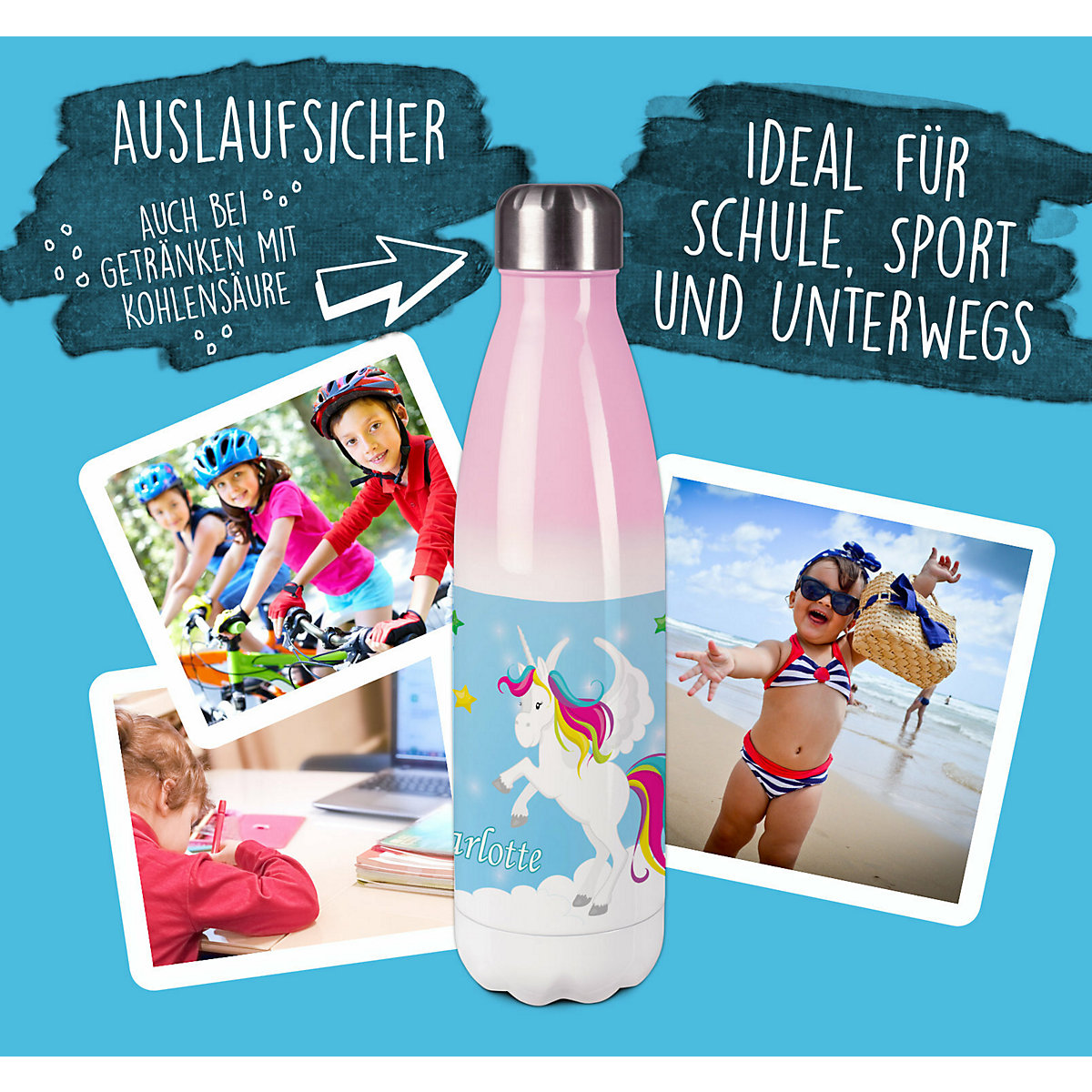 Edelstahl Kinder Thermoflasche / Trinkflasche bunt Pegasus Farbe blau Spülmaschinenfest, Auslaufsicher, Bruchfest, Doppelwandig, Für Heißgetränke geeignet, Mit Deckel, Isoliert
