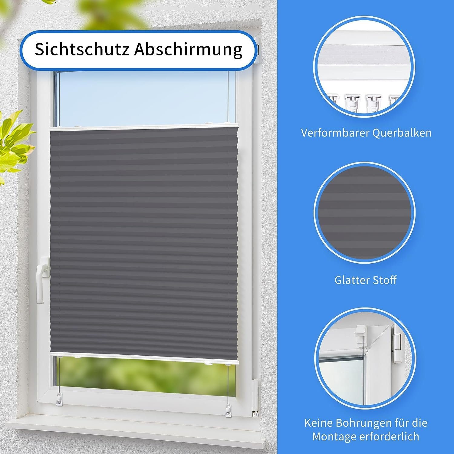 Plissee Faltrollo Ohne Bohren, OUBO, Klemmträger,Easyfix, Lichtschutz, verspannt, Klemmfix, Jalousie für Fenster & Tür, einfach Montage