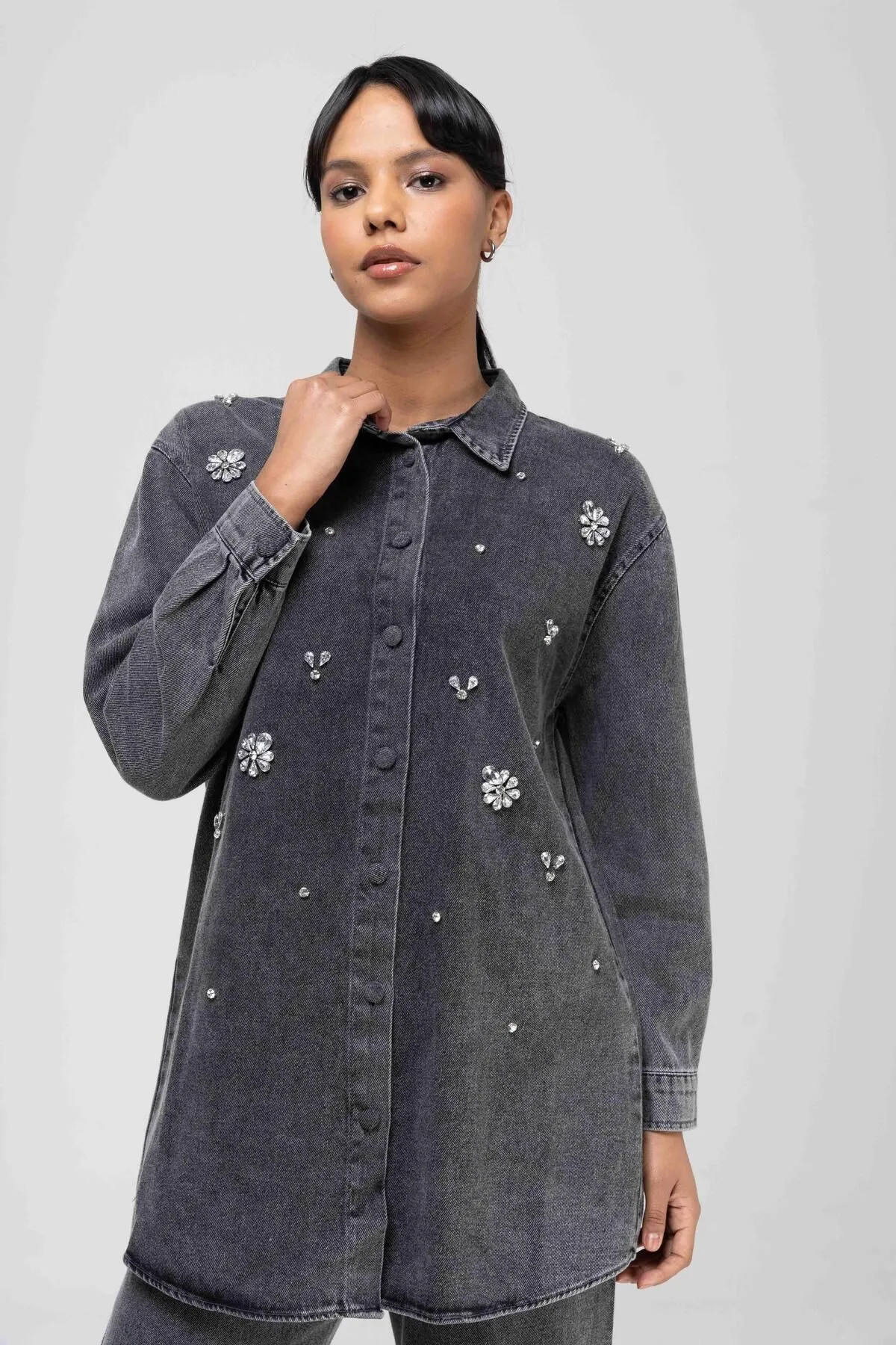 Olcay  Tuniği Jeansanzug mit Steinerbsen und Hose mit elastischer Taille ANTHRAZIT 9225-TK