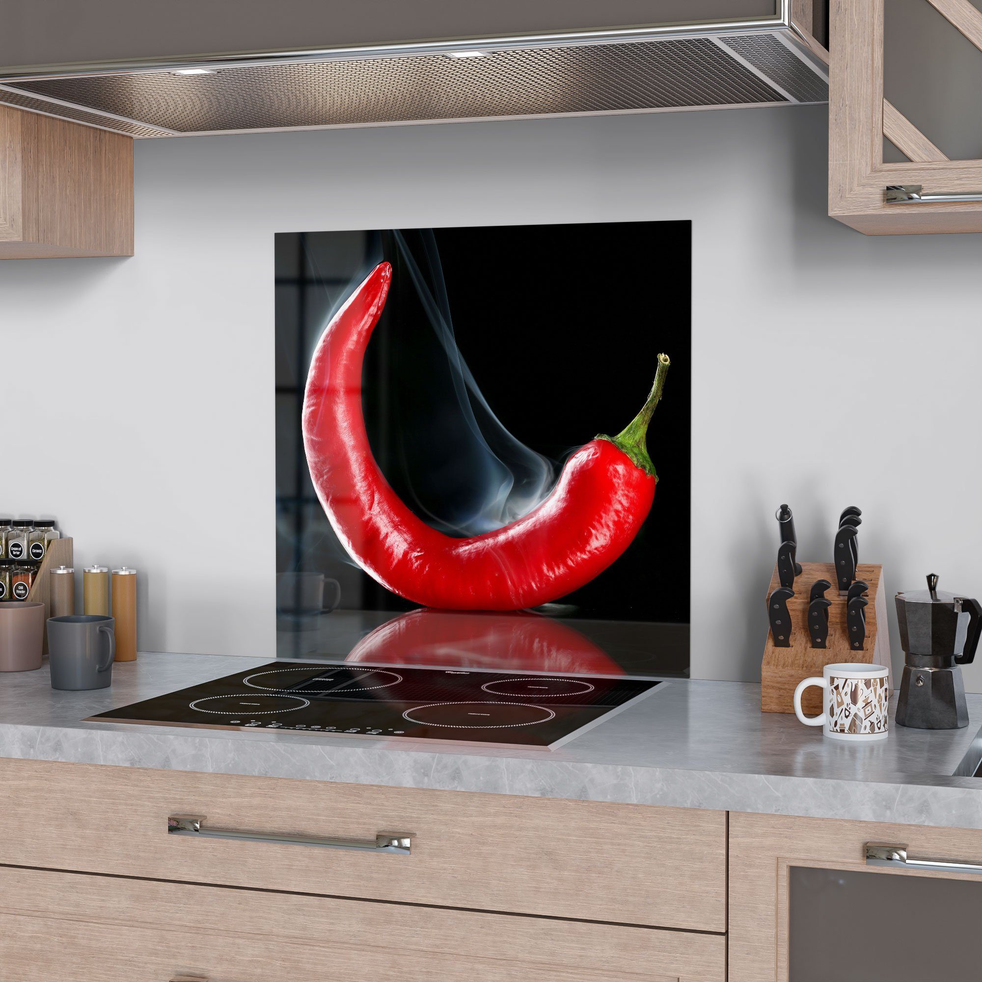 DEQORI Küchenrückwand 'Feurige Chilischote', Glas Spritzschutz Badrückwand Herdblende