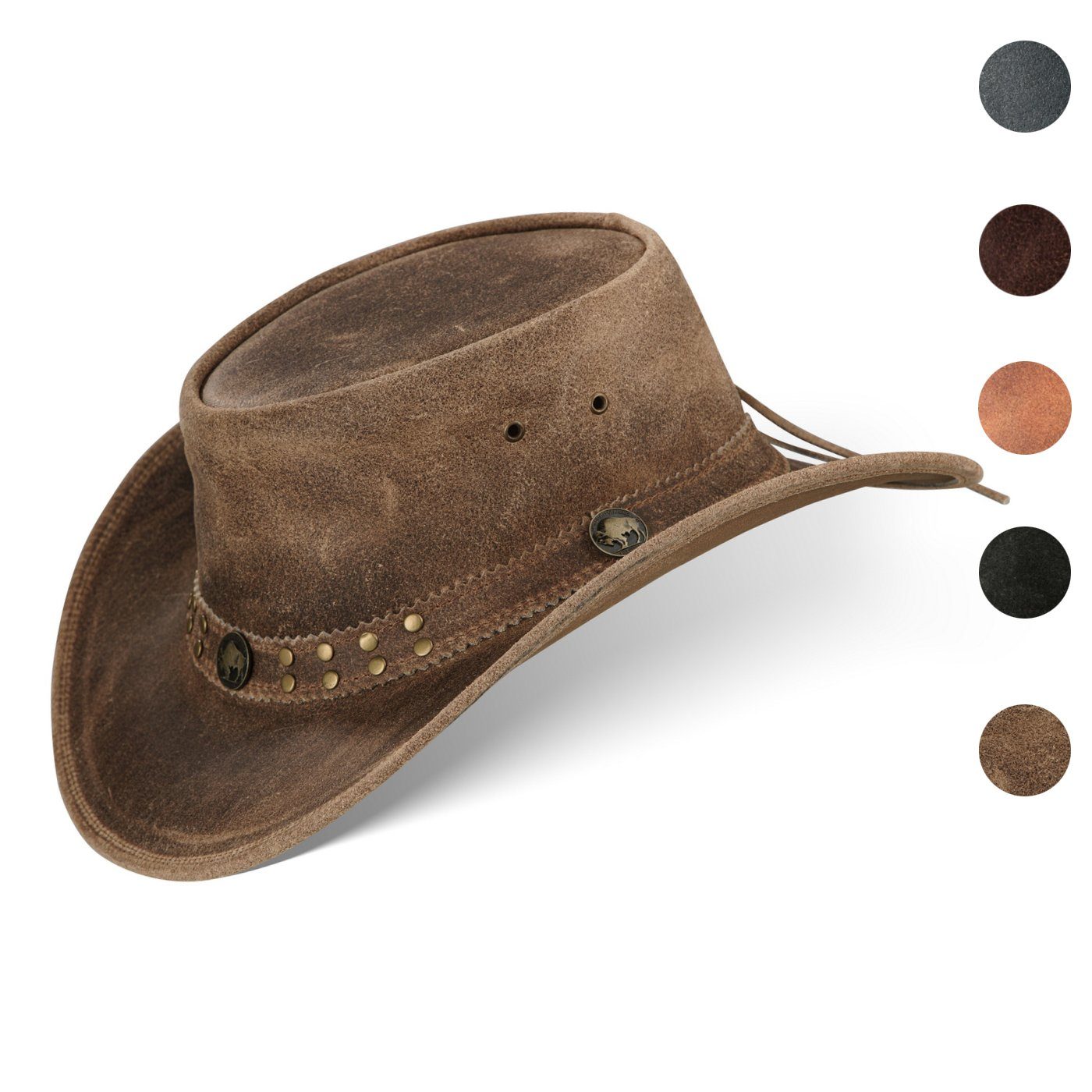 BLACK FOREST FOX Cowboyhut BUFFALO BILL Herren Damen Western Cowboy Leder Hut Vintage-Brown Größe L