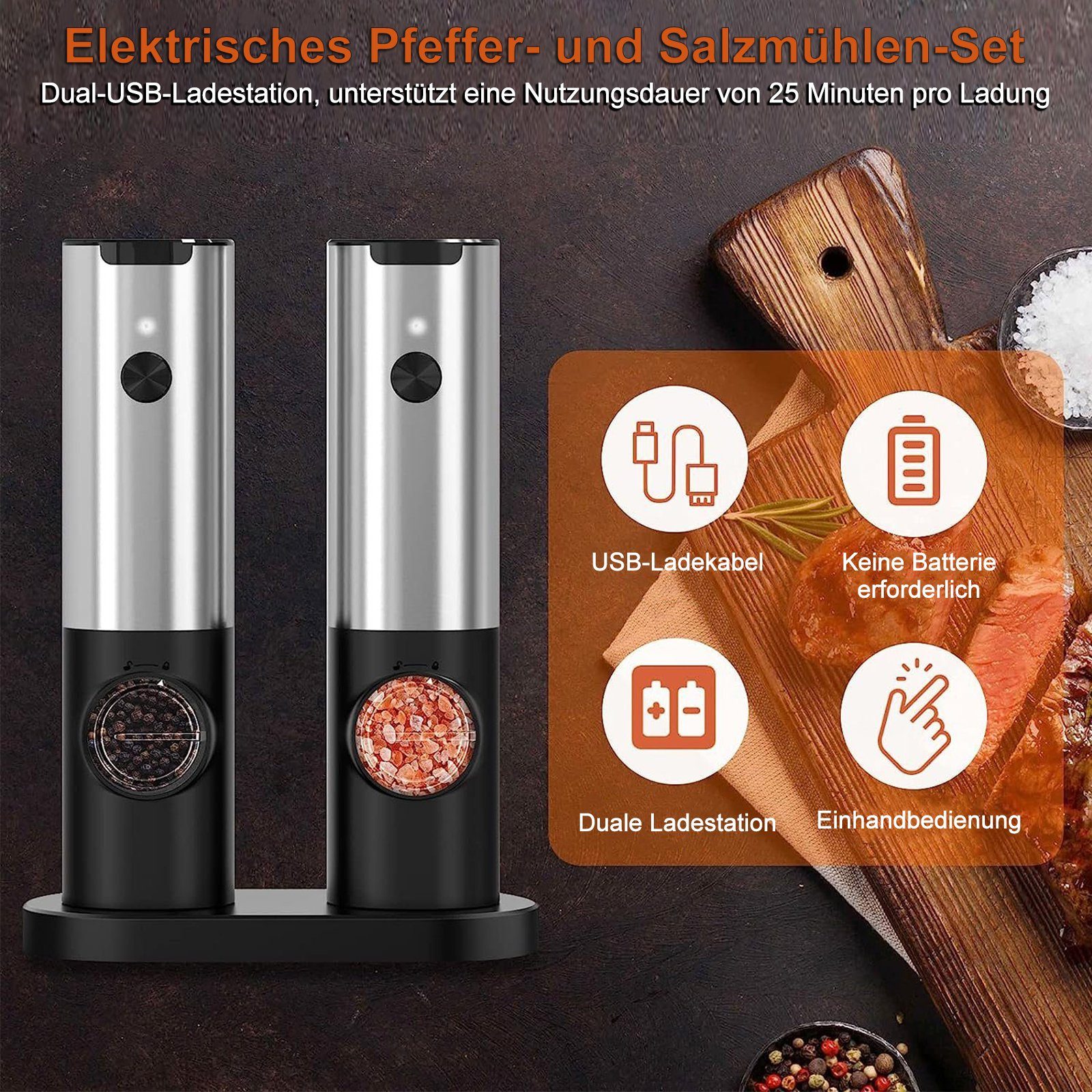 INTEBIKI Pfeffermühle Salz und Pfeffermühle Elektrisch mit Basis,Wiederaufladbare USB Automatischer Betrieb Salzmühle mit LED-Licht,Edelstahl-Einhand-Küchenhelfermühle, (2 Stück), Einstellbare Grobkörnigkeit(2 Stück Gewürzmühle Elektrisch)