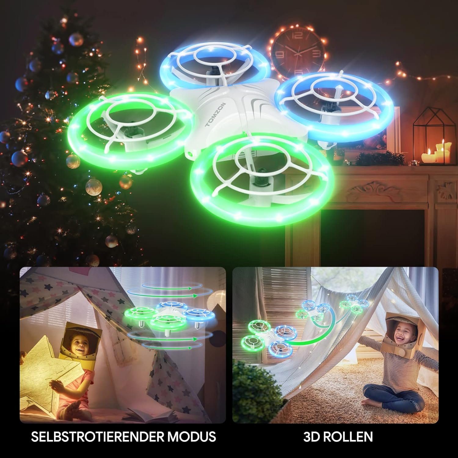 Tomzon Mini Drohne für Kinder, Blauen und Grünen LED Lichter Drohne (Fliege mit Leichtigkeit: 2 Akkus, 3D-Flip, Kopflos-Modus, für Anfänger)