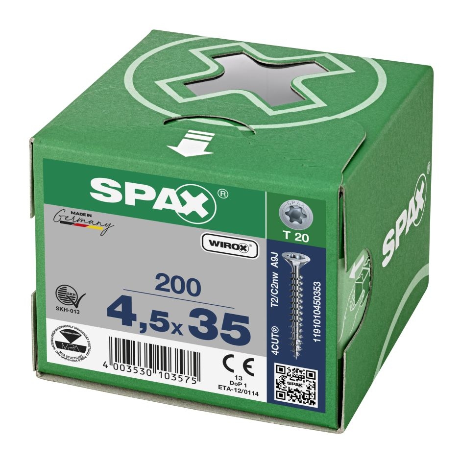 SPAX 1191010450353 Универзални вијак 4,5 x 35 мм, Пуни навој, Упуштена глава, T-STAR plus T20 - 200 комада