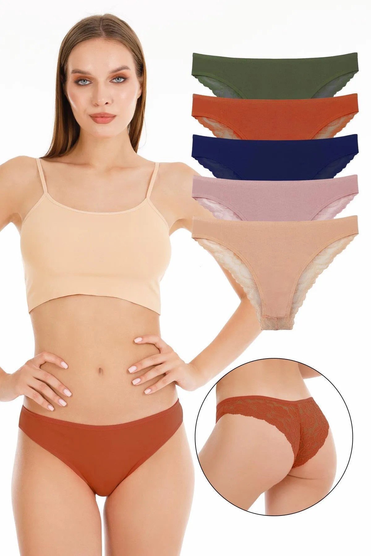 Sensu  Brasilianisches Höschen mit Spitzenrücken für Damen, 5er-Set