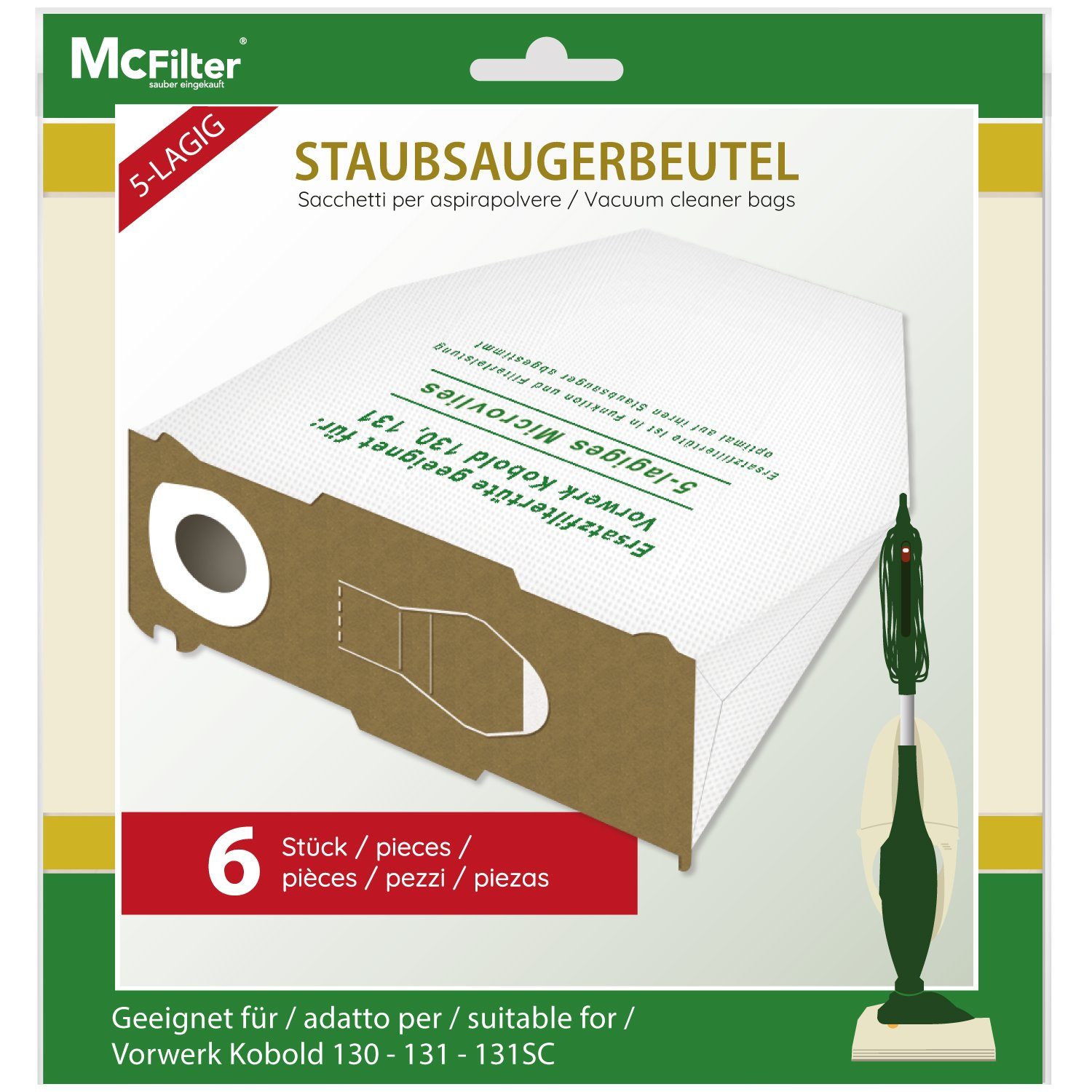 McFilter Staubsaugerbeutel (6 Stück), passend für Vorwerk Kobold VK 130, VK 131 SC, 6 St., mehrlagig, Pappdeckscheibe, inkl. Staubverschluss