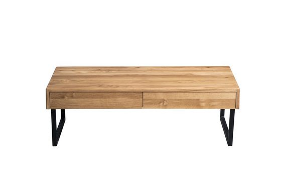 möbelando Couchtisch Livvyy, Moderner Couchtisch, Tischplatte aus Massivholz in Wildeiche geölt, Gestell aus Metall in Schwarz mit 2 Schubkästen. Breite 110 cm, Höhe 35 cm, Tiefe 60 cm
