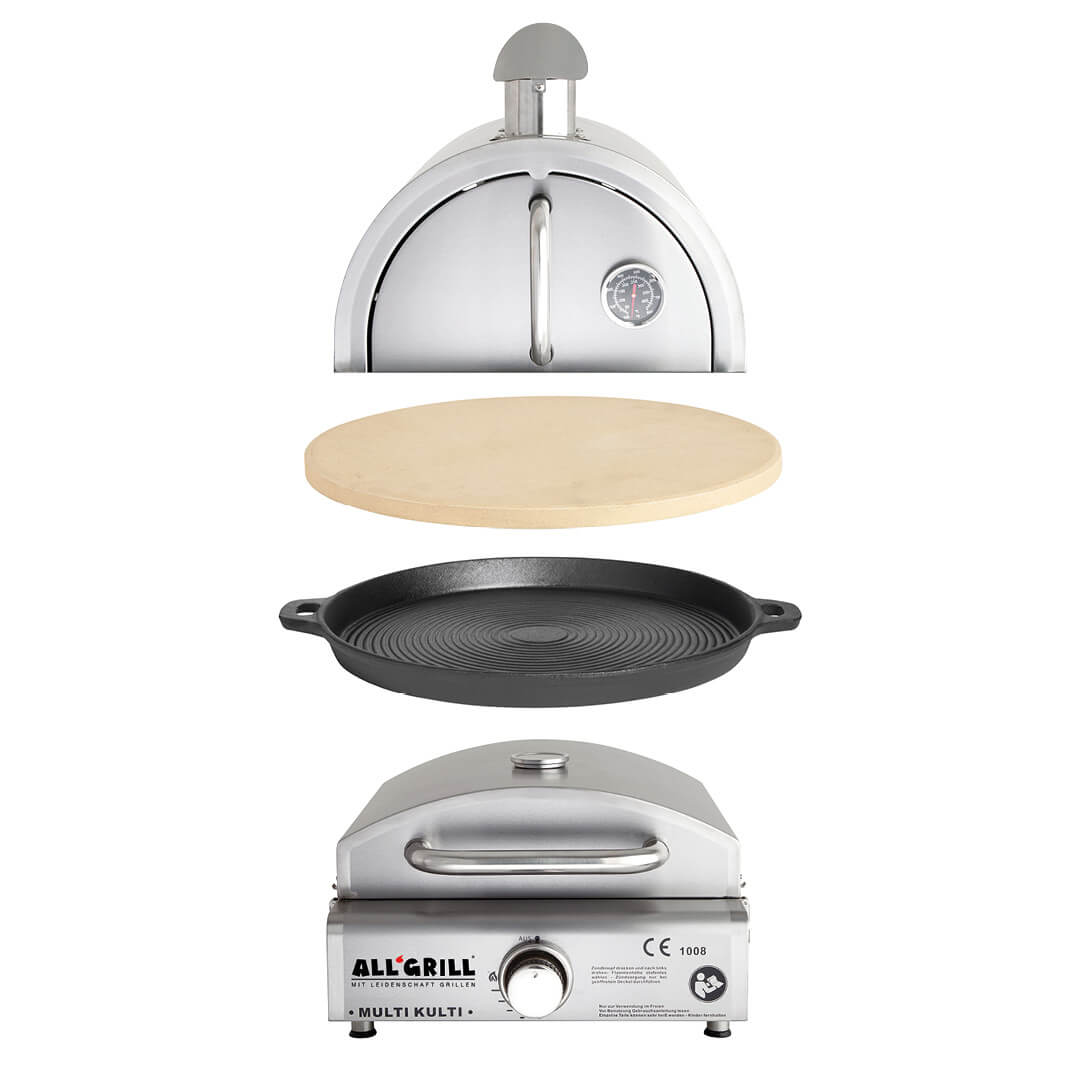 Allgrill Multi-Kulti Set 4: Pizzabackhaube, Pizzastein, Gussgrillplatte