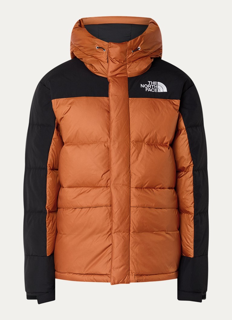 Jaqueta puffer The North Face Himalayan com enchimento de plumas e capuz.
