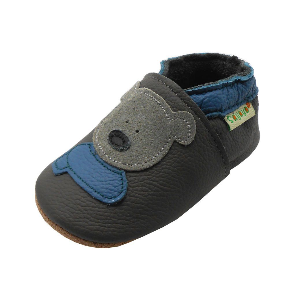 Yalion Weiche Leder Krabbelschuhe Lauflernschuhe Hausschuhe Lederpuschen Bär Grau 100% Leder Krabbelschuh