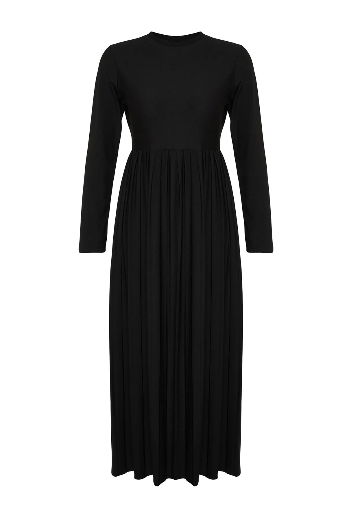 Trendyol Modest  Schwarzes, plissiertes Scuba-Strickkleid mit Rock TCTAW24EL00000