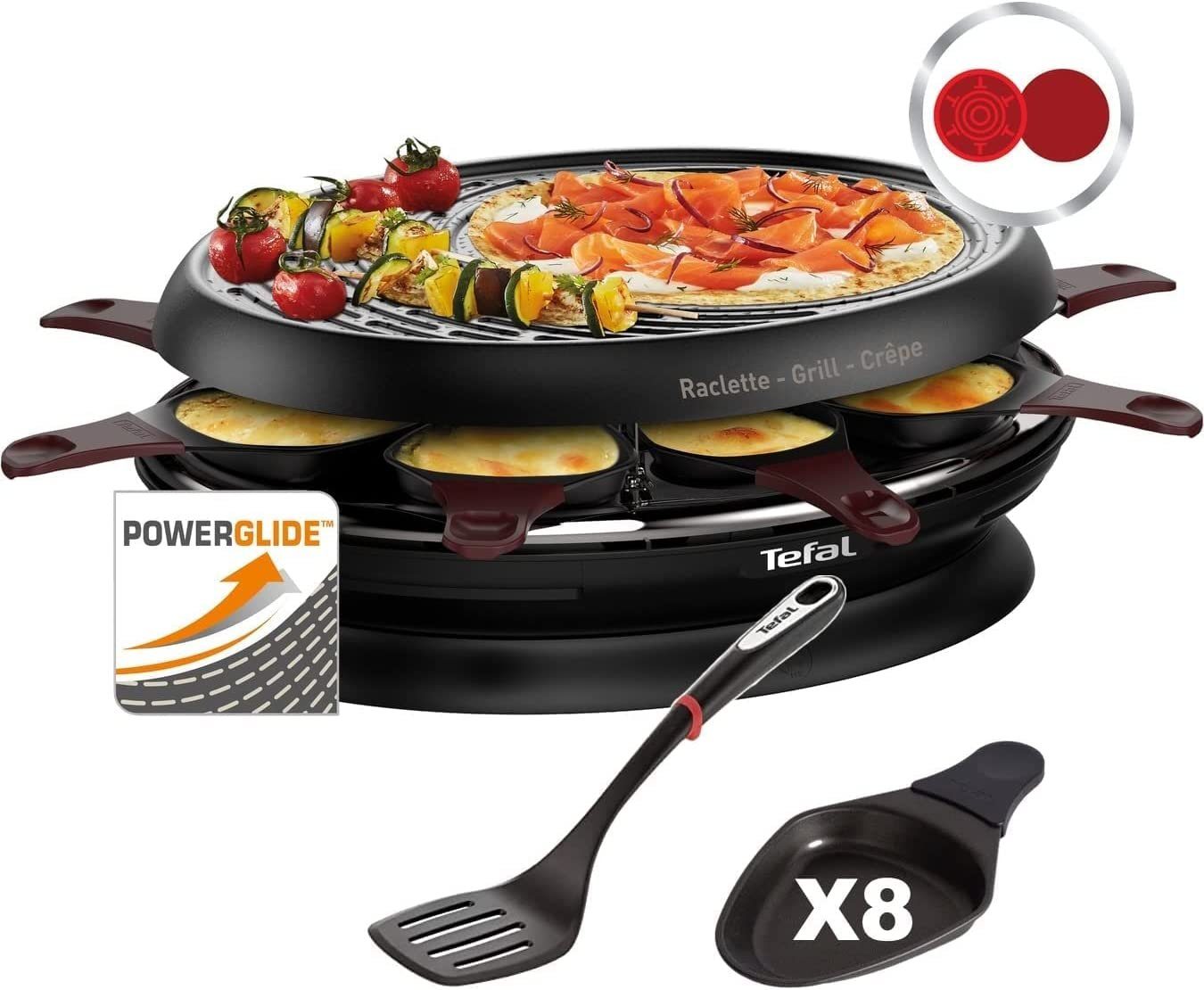 Tefal Raclette RE3200, 8 Raclettepfännchen, 1050 W, + Ingenio Pfannenwender Antihaftbeschichtung