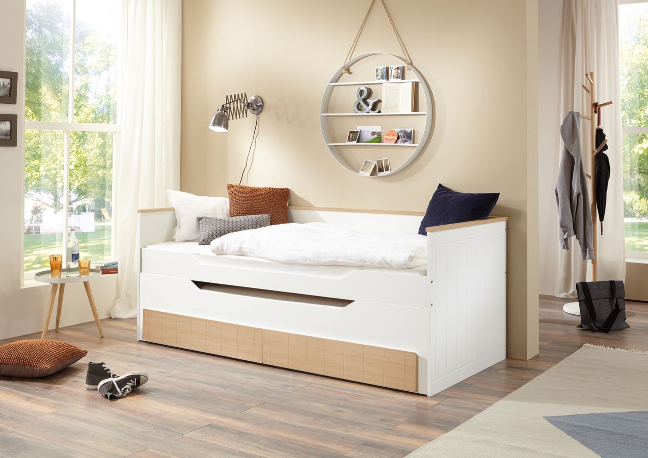 Relita Funktionsbett RONNY 2 Liegeflächen in weiß & 2 Schubladen massiver Buche, natur lackiert