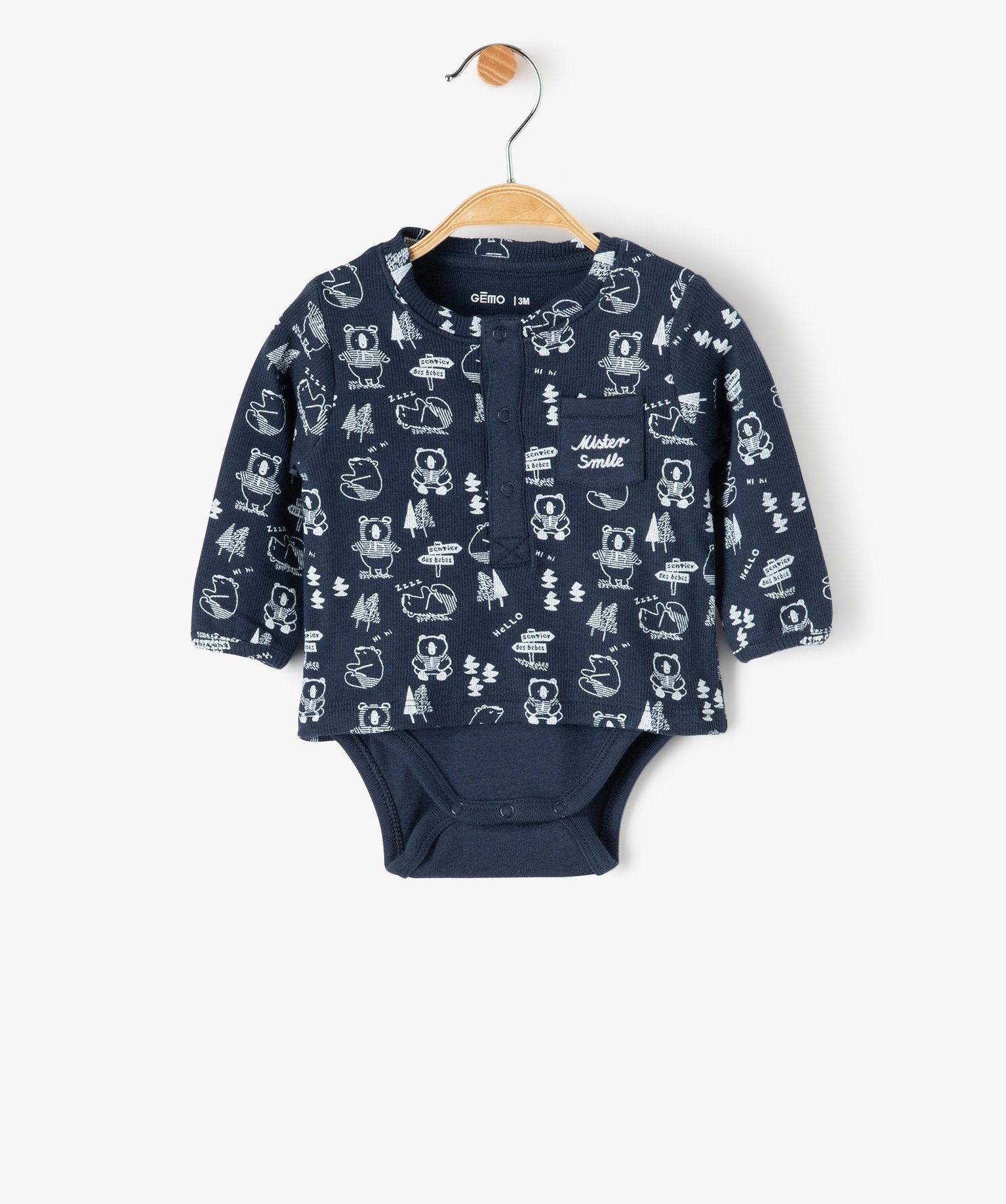 Body bébé à manches longues effet tee-shirt marine | GEMO
