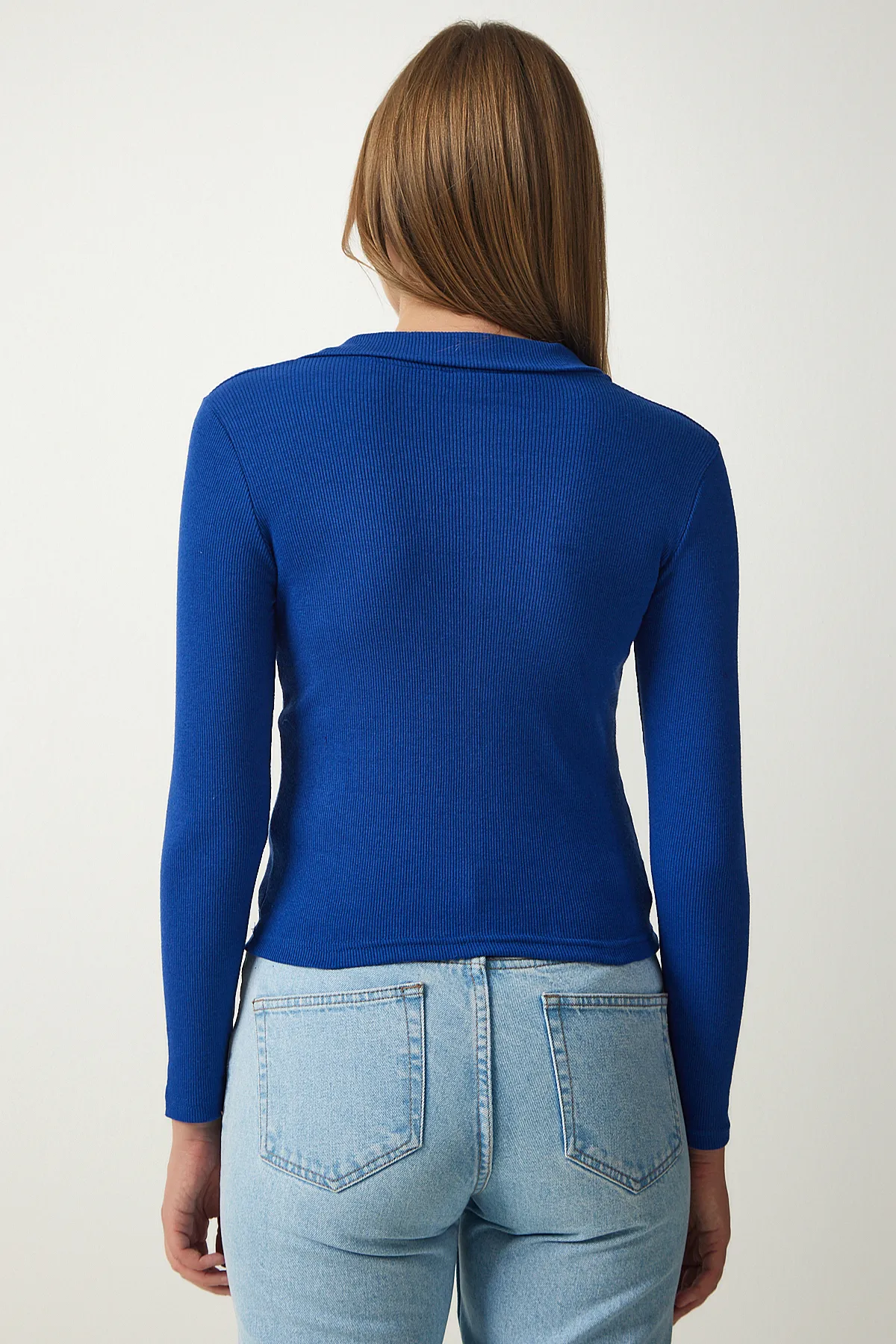 Happiness İstanbul  Dunkelblaue schnurgebundene Strickbluse mit Rollkragen für Damen GT00111