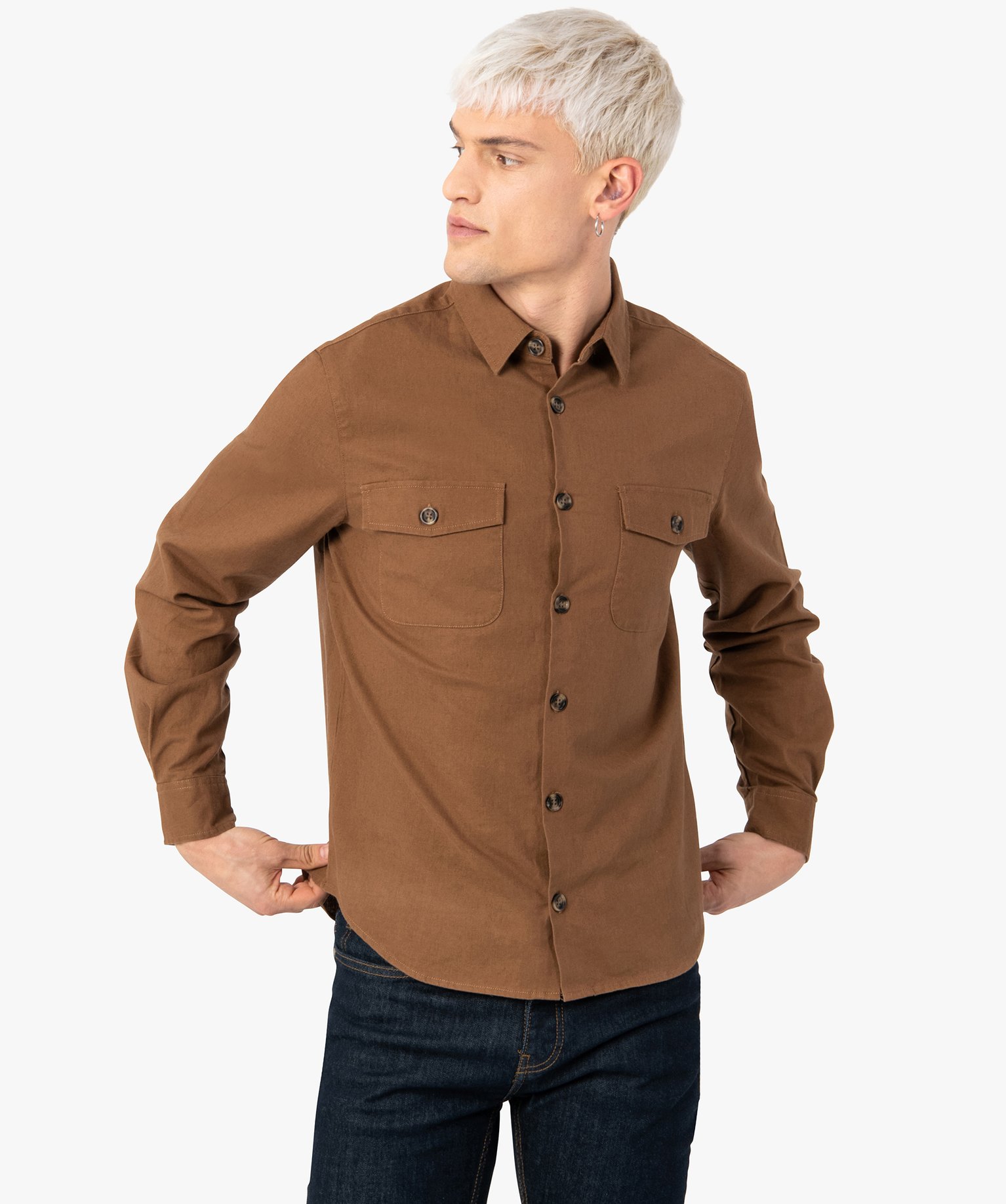 Surchemise homme en lin et coton avec poches poitrine marron | GEMO