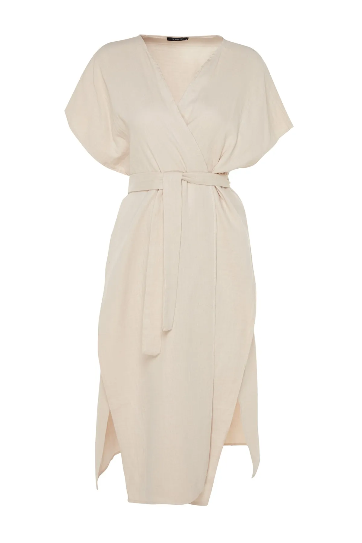 Trendyol Collection  Beigefarbener Maxi-Kimono und Kaftan aus gewebtem Musselin mit Gürtel und Schlitz aus 100 % Baumwolle TBESS23KM00019