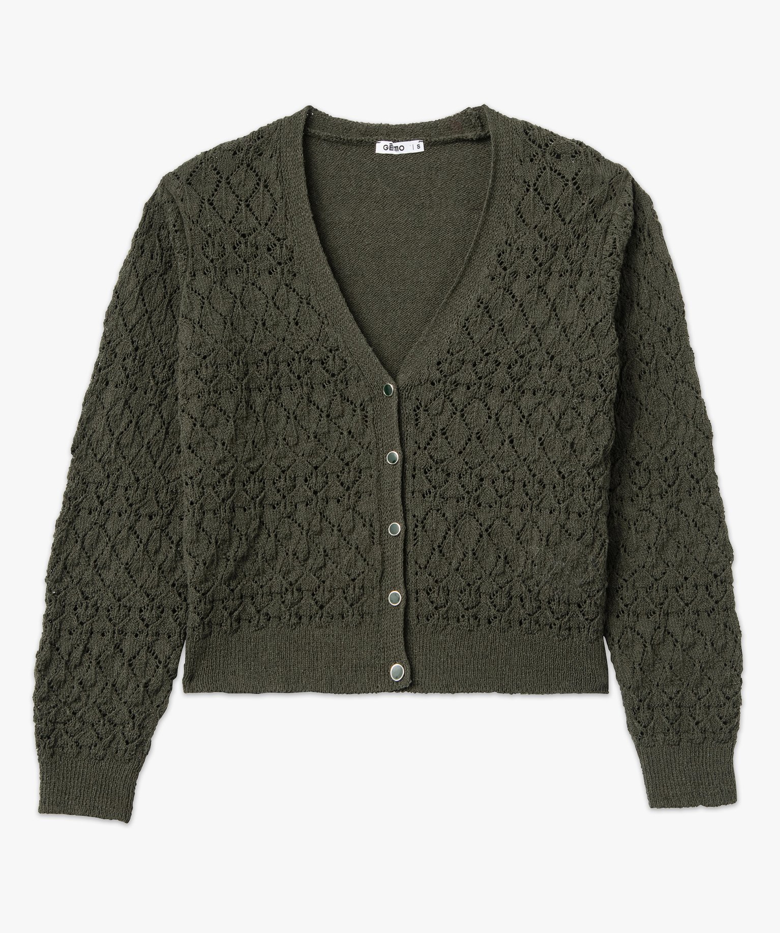Gilet court à col V en maille ajourée femme kaki | GEMO