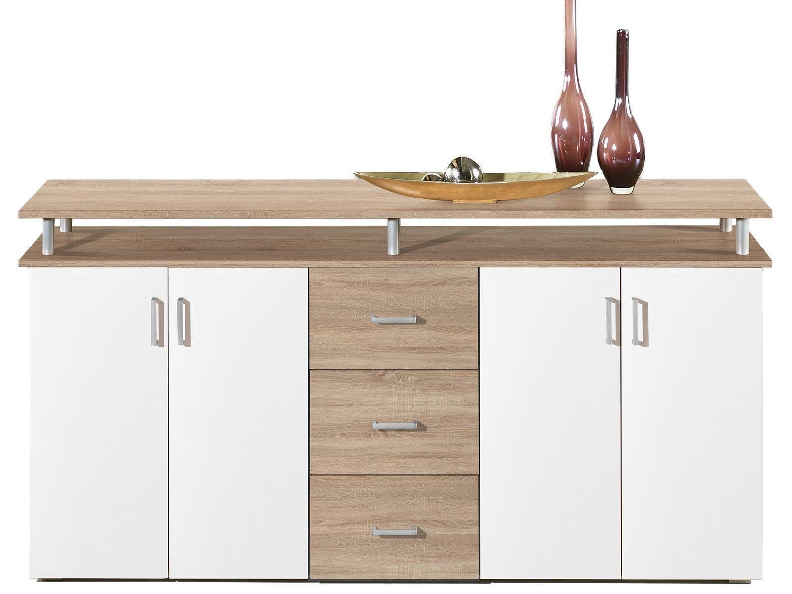 möbelando Highboard Lyndy, Modernes Highboard aus Spanplatte in Sonoma-Eiche Nachbildung / Weiß mit 4 Holztüren, 3 Schubkästen, 2 Einlegeböden und 2 offenen Fächern. Breite 178 cm, Höhe 90 cm, Tiefe 38 cm