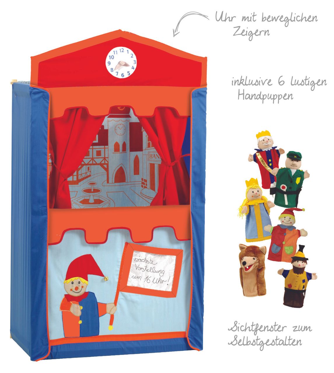 Roba Kasperletheater, Puppentheater inkl. 6 Handpuppen, Kaspertheater aus Massivholz, freistehend