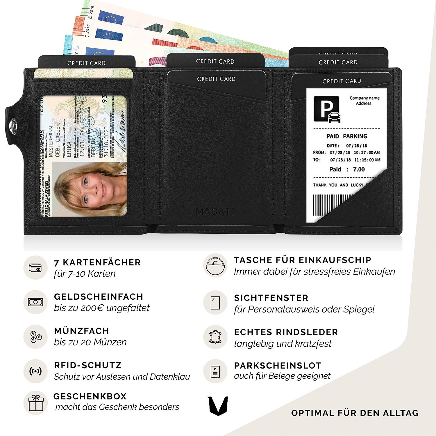 MAGATI Geldbörse aus Echtleder mit Münzfach, bis zu 10 Karten, RFID-Schutz (mit Geschenkverpackung), Einkaufswagenchip-Fach, klein Wallet, Portemonnaie für Herren & Damen