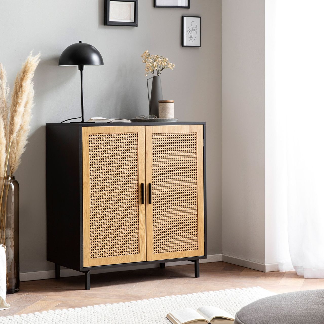 Wohnling Sideboard 80 cm Anrichte Kommodenschrank Schwarz mit Wiener Geflecht