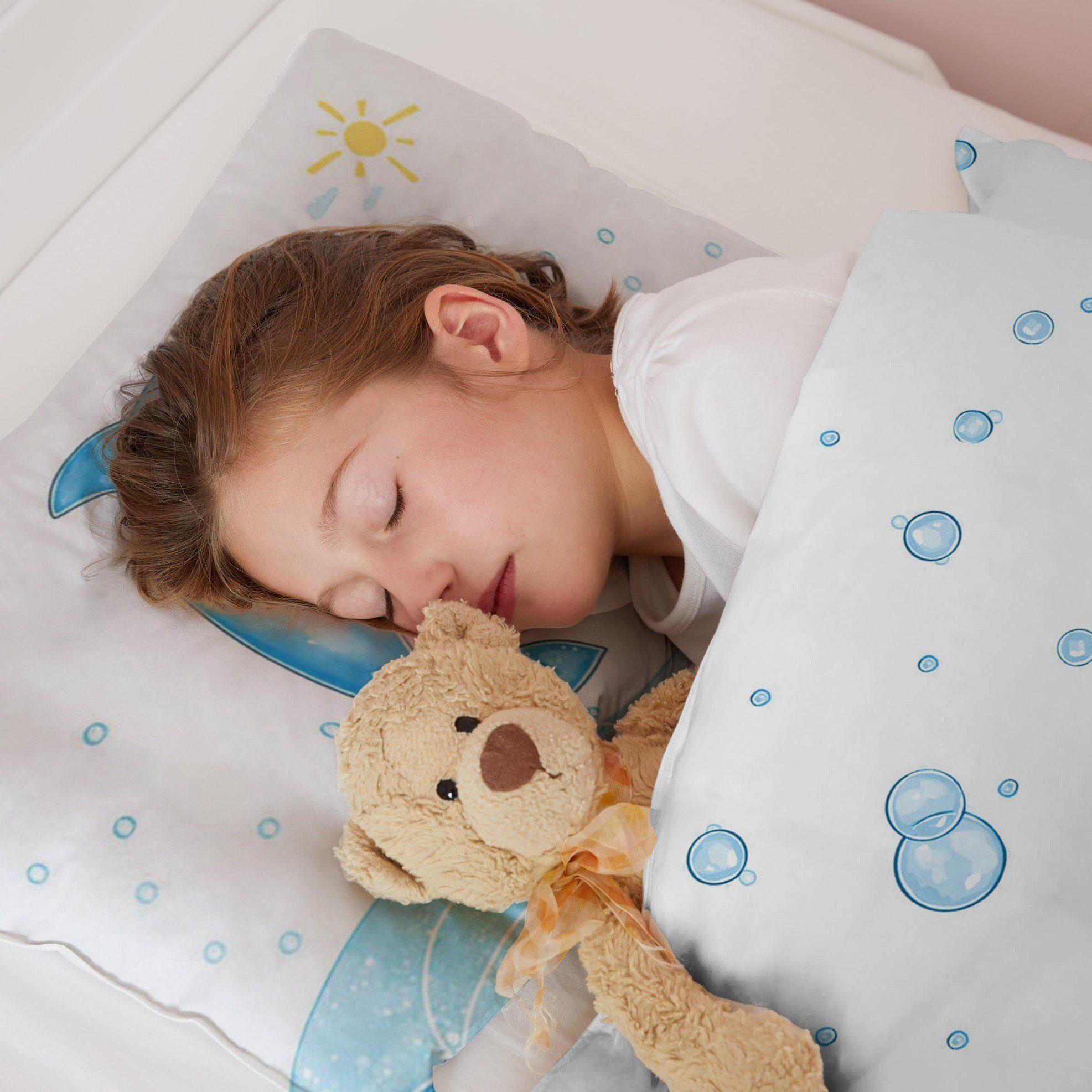 Kinderbettwäsche Wendebettwäsche Delfin, Koru Kids, 100%Baumwolle (Mako Satin), 2 teilig, als Kinderbettwäsche 135x200 oder Babybettwäsche 100x135