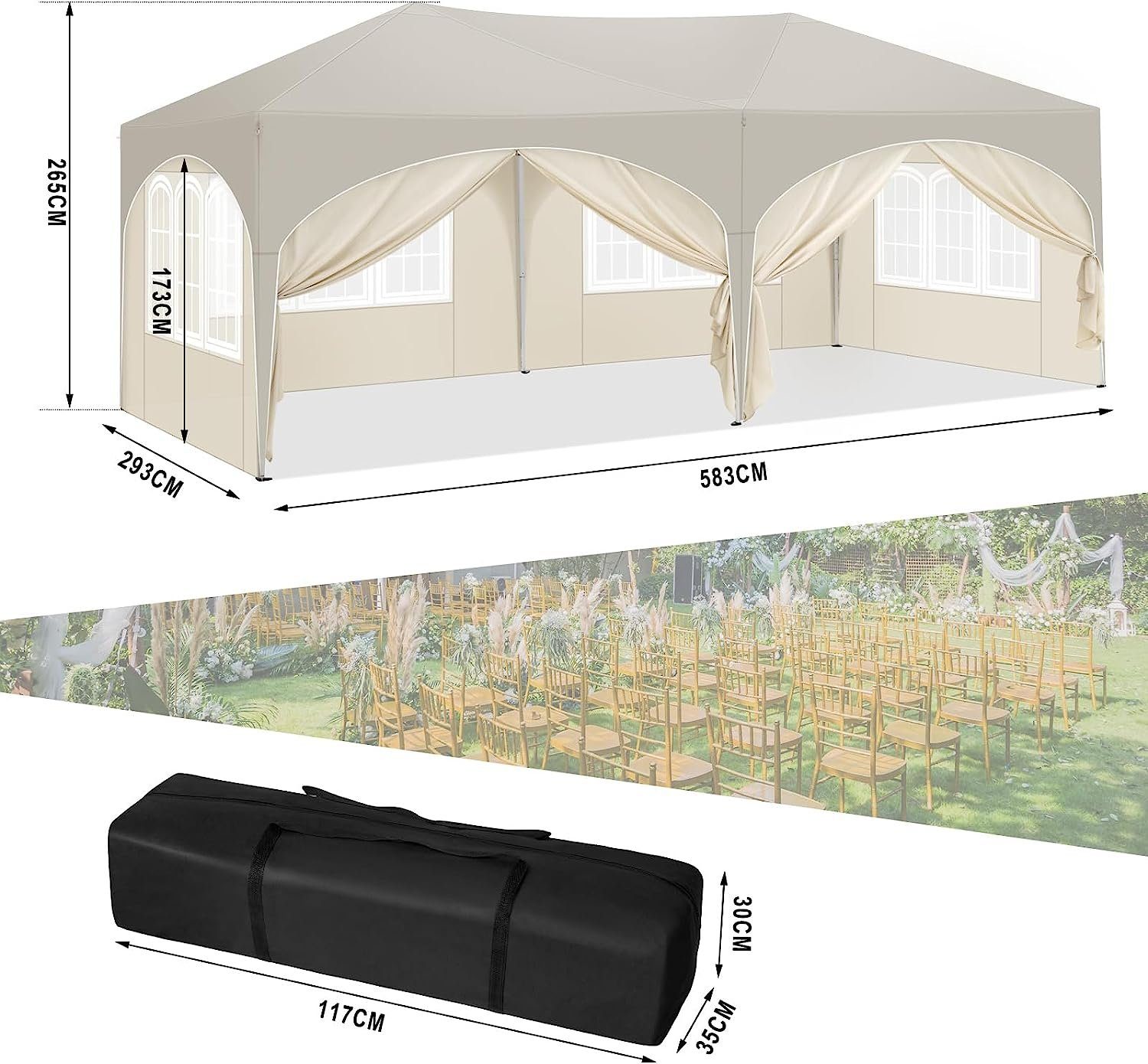 Woltu Pavillon, mit 6 Seitenteilen, 3x6 m, mit 6 Seitenwänden, höhenverstellbar