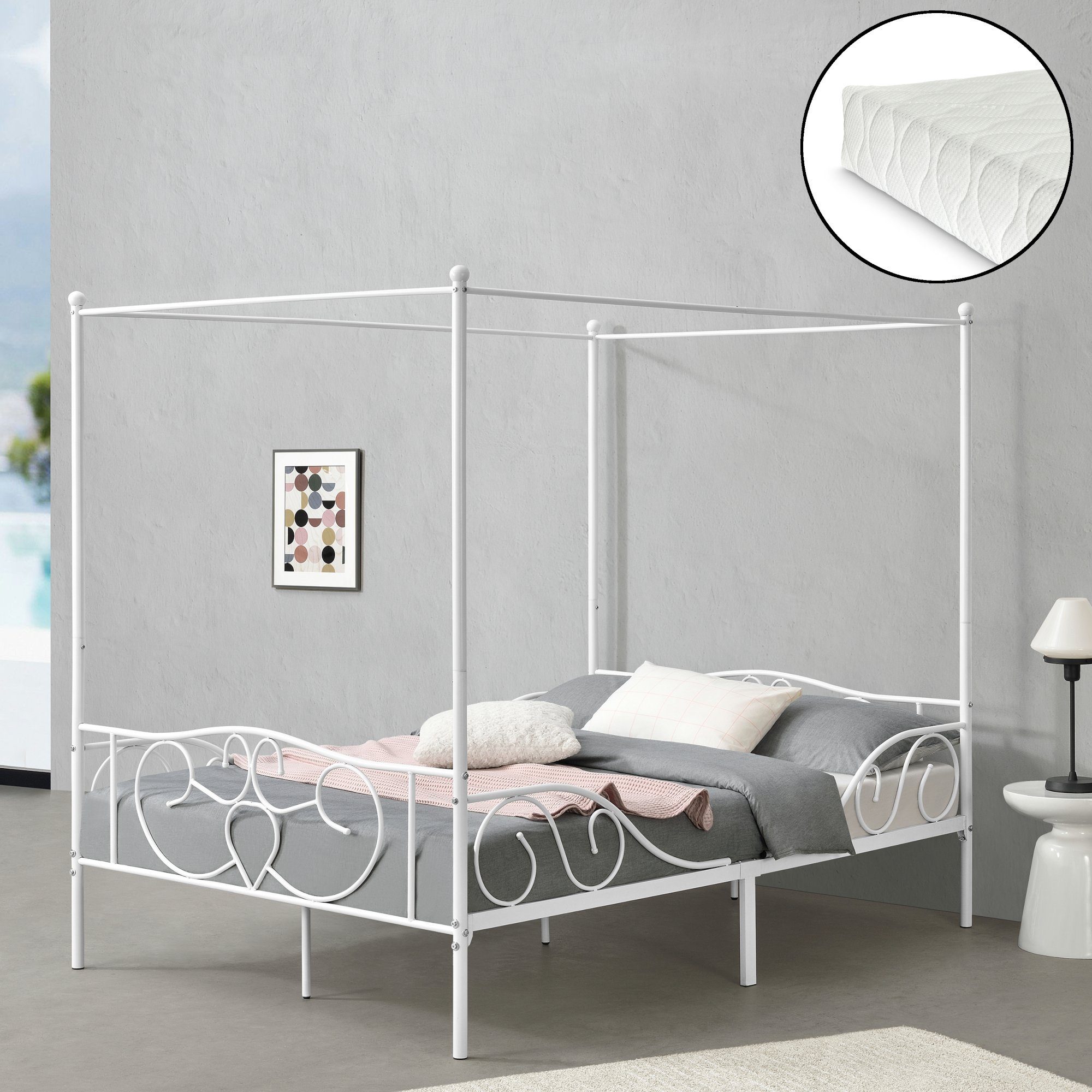 en.casa Himmelbett, Finström Doppelbett aus Stahl 140x200 cm mit Matratze Weiß