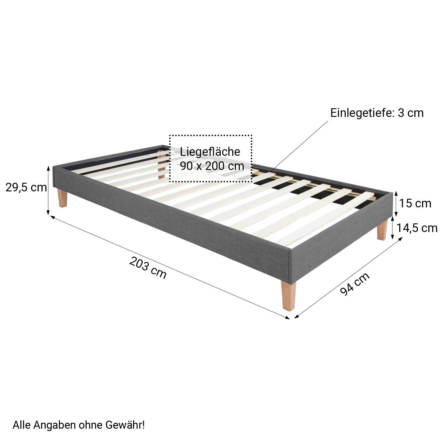 Homestyle4u Polsterbett Bettgestell Futonbett Bett Lattenrost mehrere Größen Grau (Kein Set)