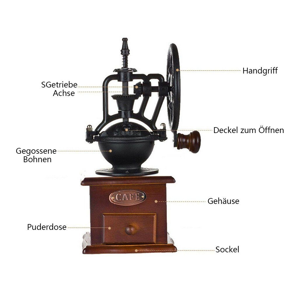 TWSOUL Kaffeemühle Tragbare Vintage-Kaffeemühle mit Handkurbel, Handkurbel-Kaffeemaschine, Einstellbare Dicke