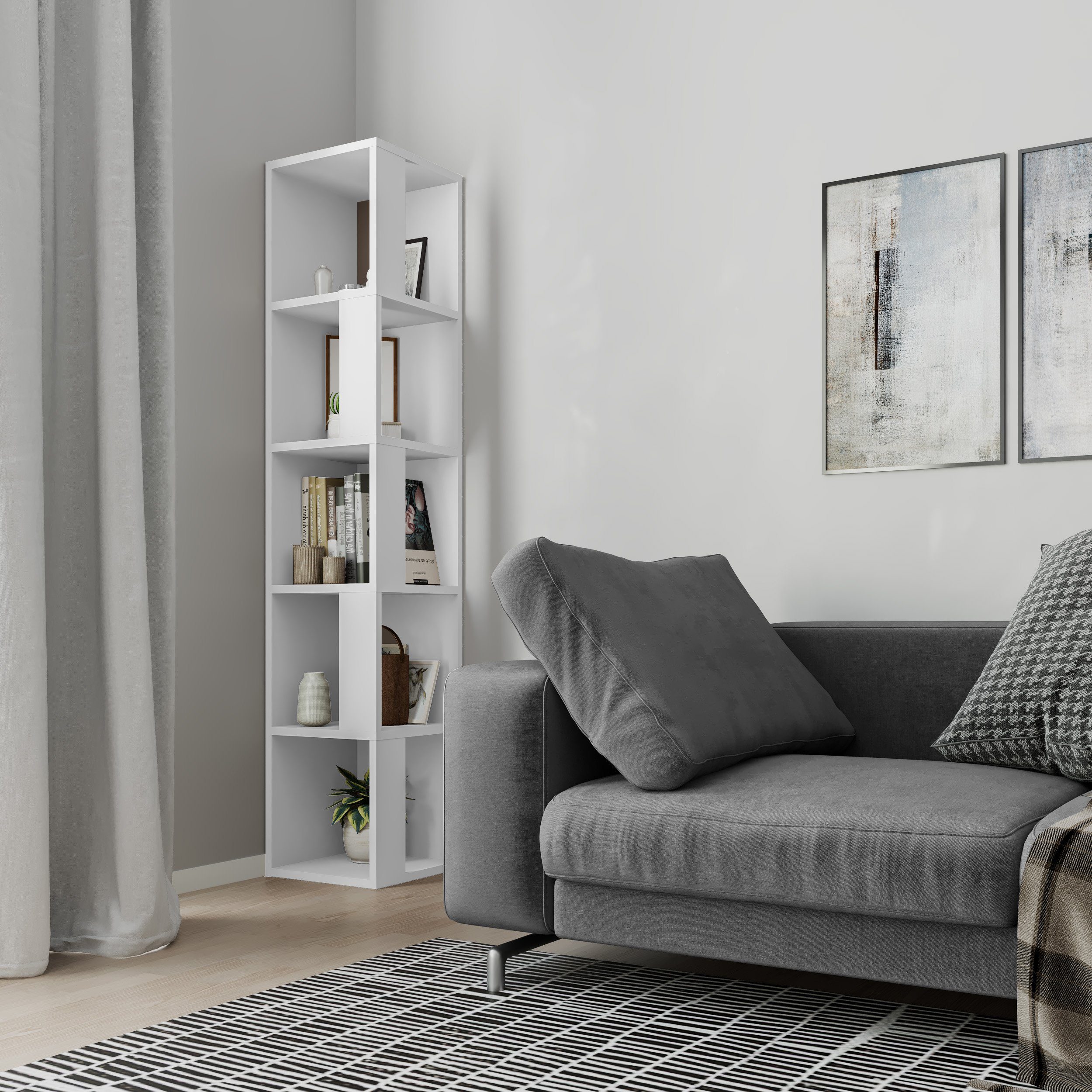 Decortie Bücherregal Piano, Modernes Eck-Bücherregal Vitrine, 31,4 x 31,4 x 158,9 cm
