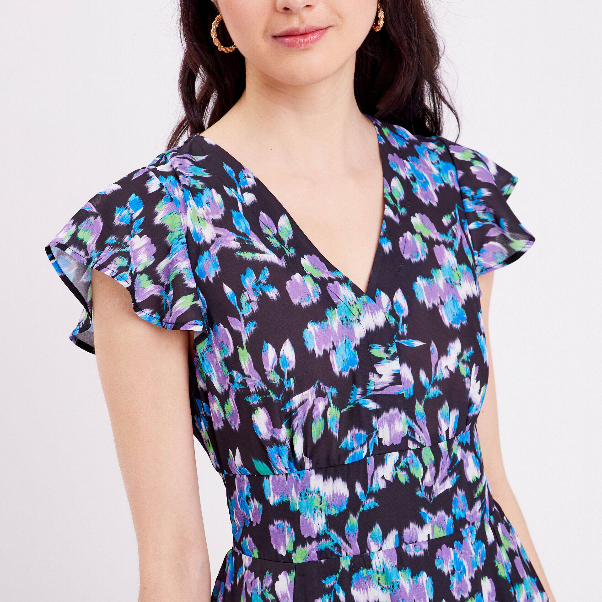 Robe évasée manches courtes noir femme | Cache Cache