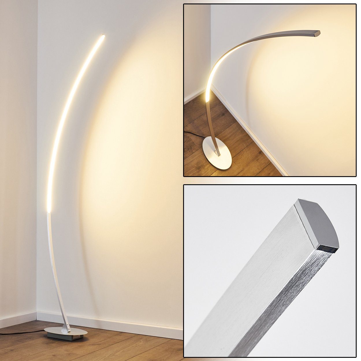 hofstein Bogenlampe Oneto LED Designer Standlampe in Aluminiumgebürstet, mit Fußschalter und Kabel, Leselampe, fest eingebaute LEDs 1100 Lumen