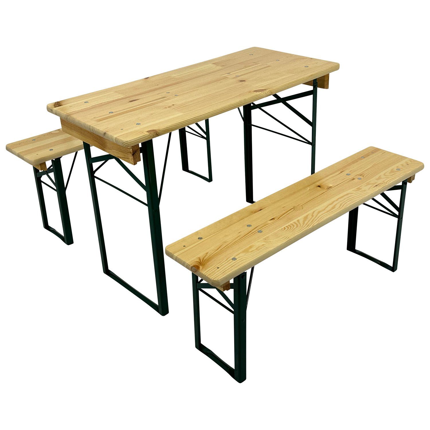 DEGAMO Bierzeltgarnitur MUCK, (3-tlg), 110cm, Kiefer + Stahl grün, für kleine Flächen