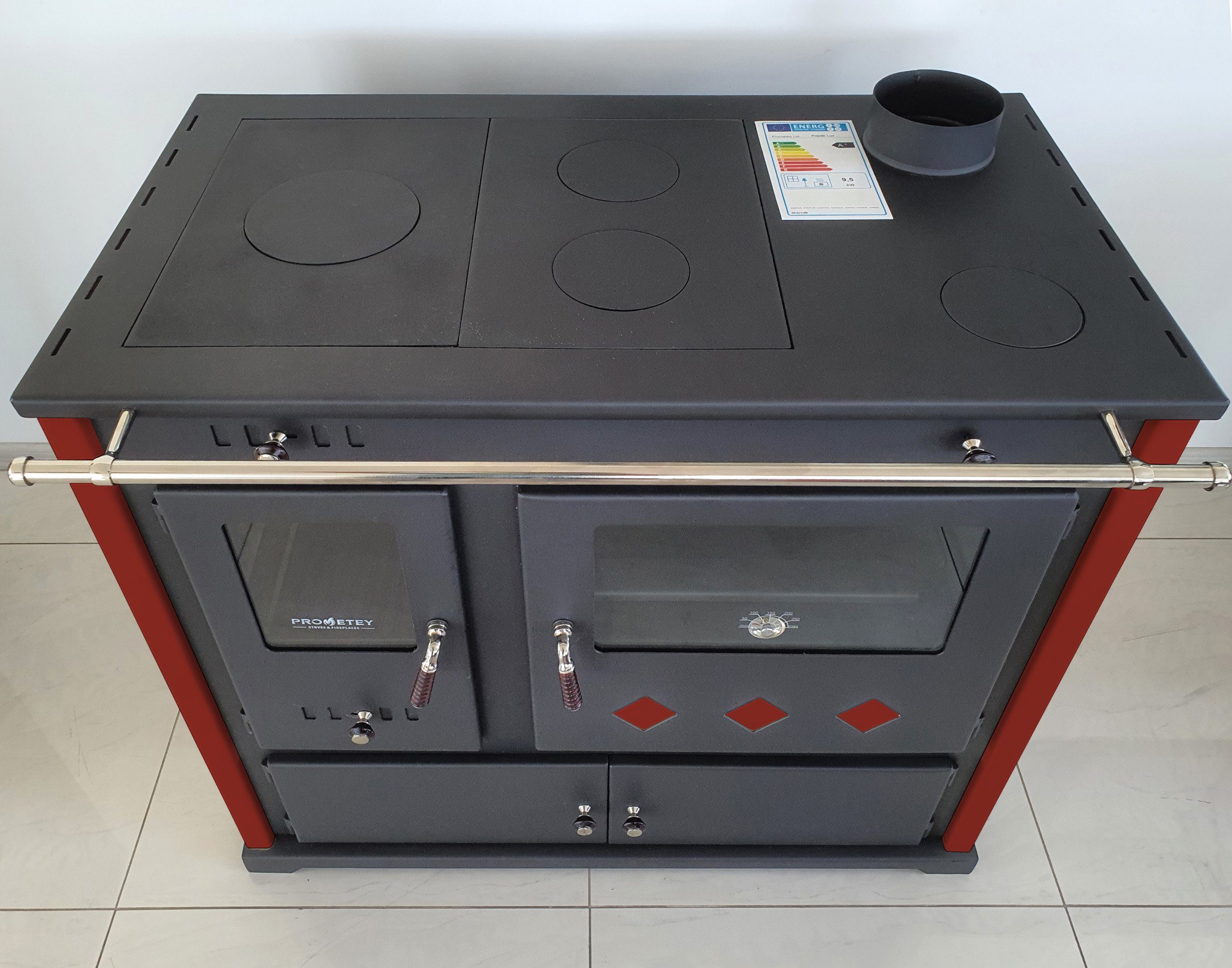 Prometey Kaminofen EEK A+ Kaminofen mit Backfach und Herdplatte Practik Lux Rot Holzofen, 9,50 kW, Zeitbrand, Küchenofen mit Backofen, Küchenherd mit Backfach