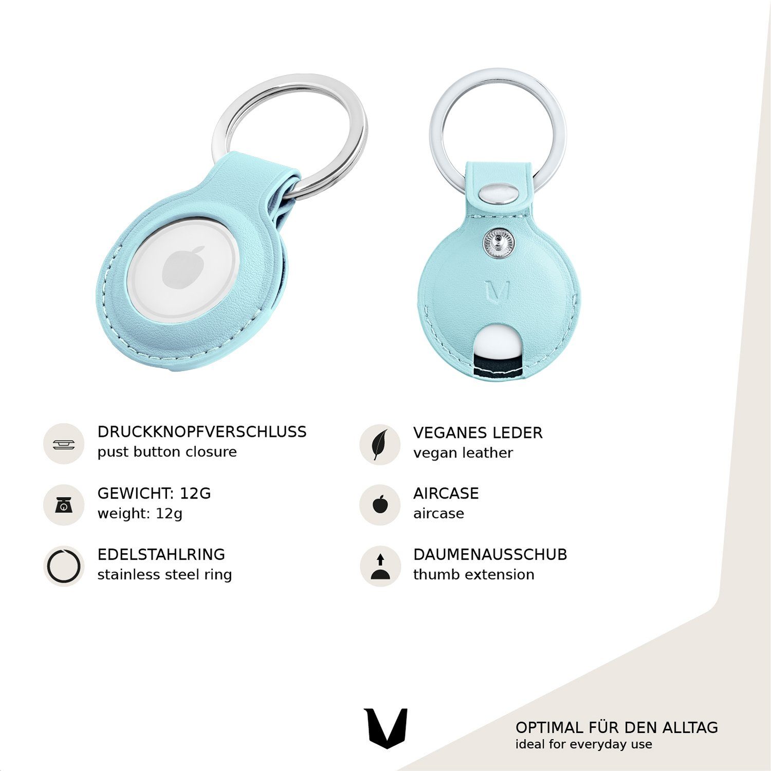 MAGATI Schlüsselanhänger Hülle kompatibel mit Apple Airtag Anhänger (Set, 2-tlg., Premiumleder Anhänger mit Edelstahl Schlüsselring für Apple AirTag), Komplett schützendes Zubehör für Ihre Wertsachen Kratzfest, Hellblau