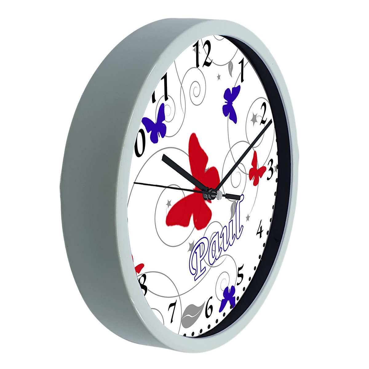 Kinder Wanduhr laufruhig personalisiert mit Name Schmetterling Rot Blau Grau