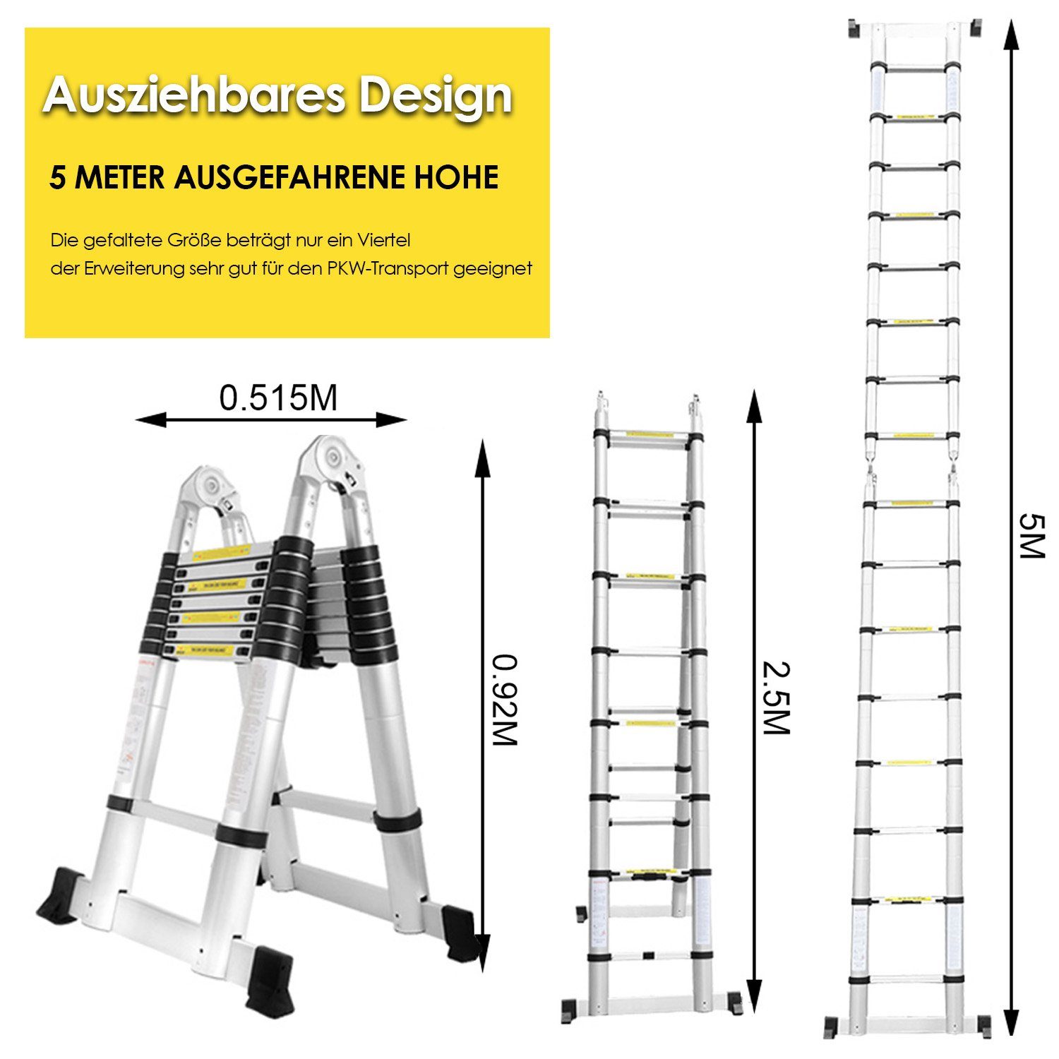 Gimisgu Teleskopleiter Teleskopleiter Alu 2.5+2.5m Ausziehleiter Anlegeleiter Silber