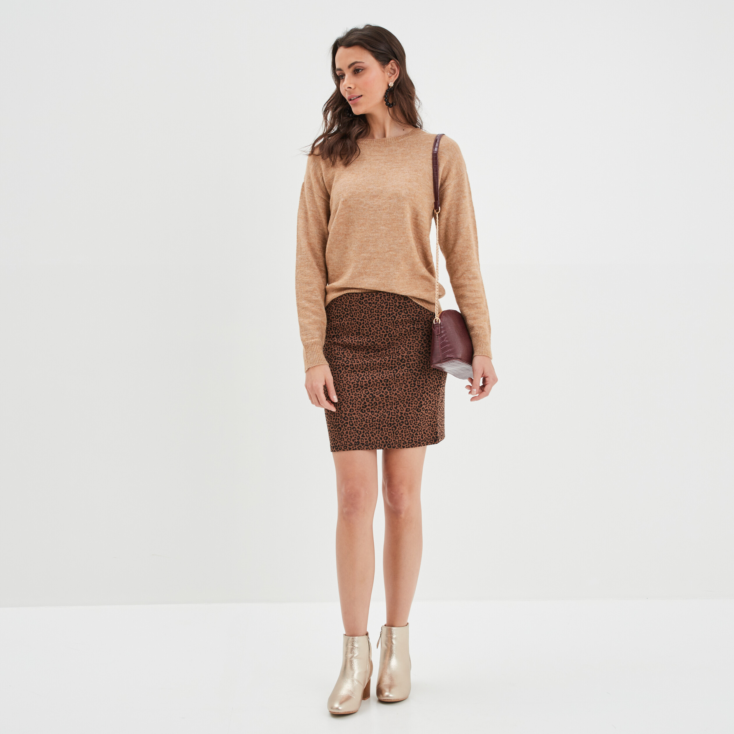 Jupe tube courte taille haute marron femme | La Halle