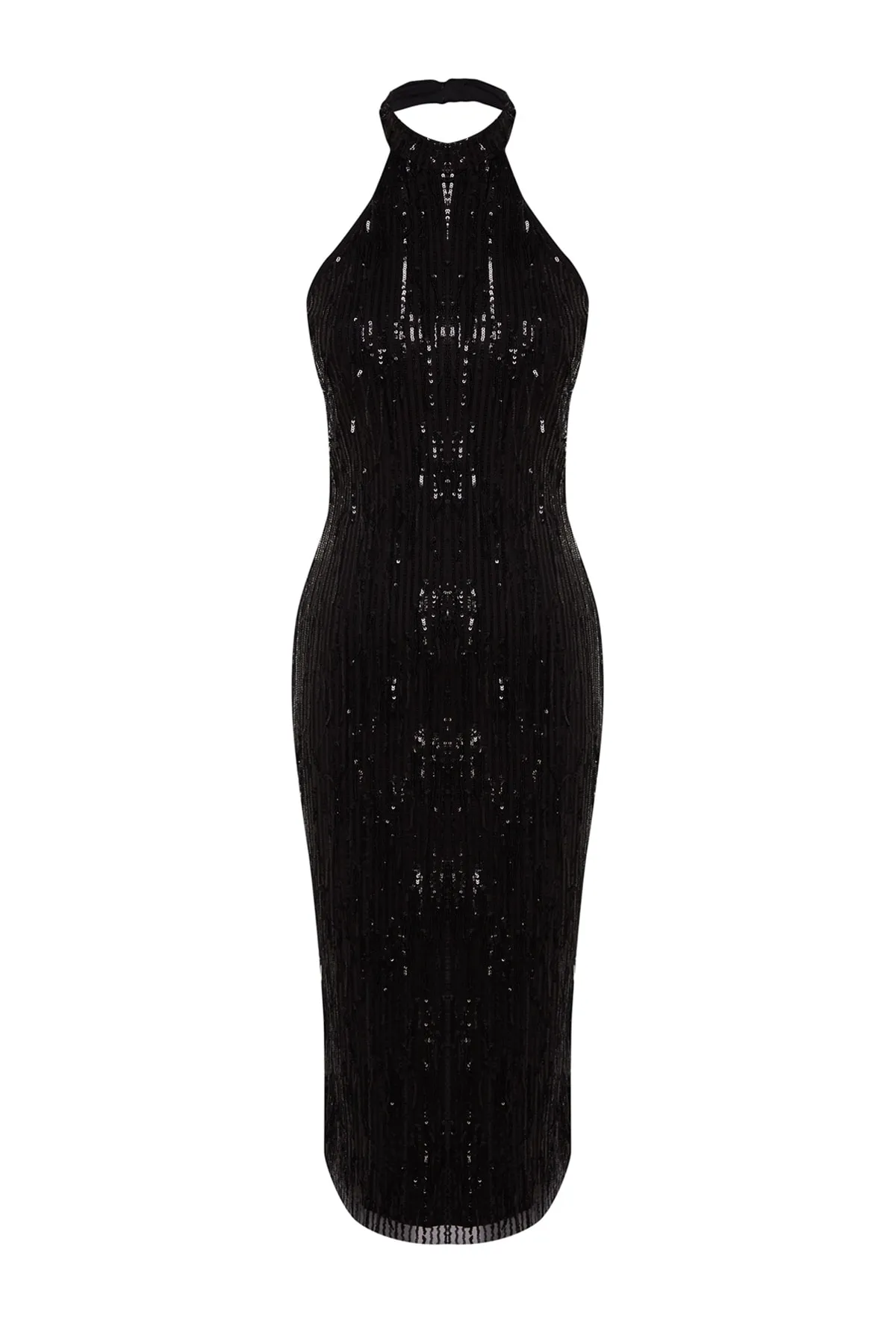 Trendyol Collection  Schwarzes, figurbetontes, gefüttertes Abendkleid mit glänzenden Pailletten TPRSS23EL00461